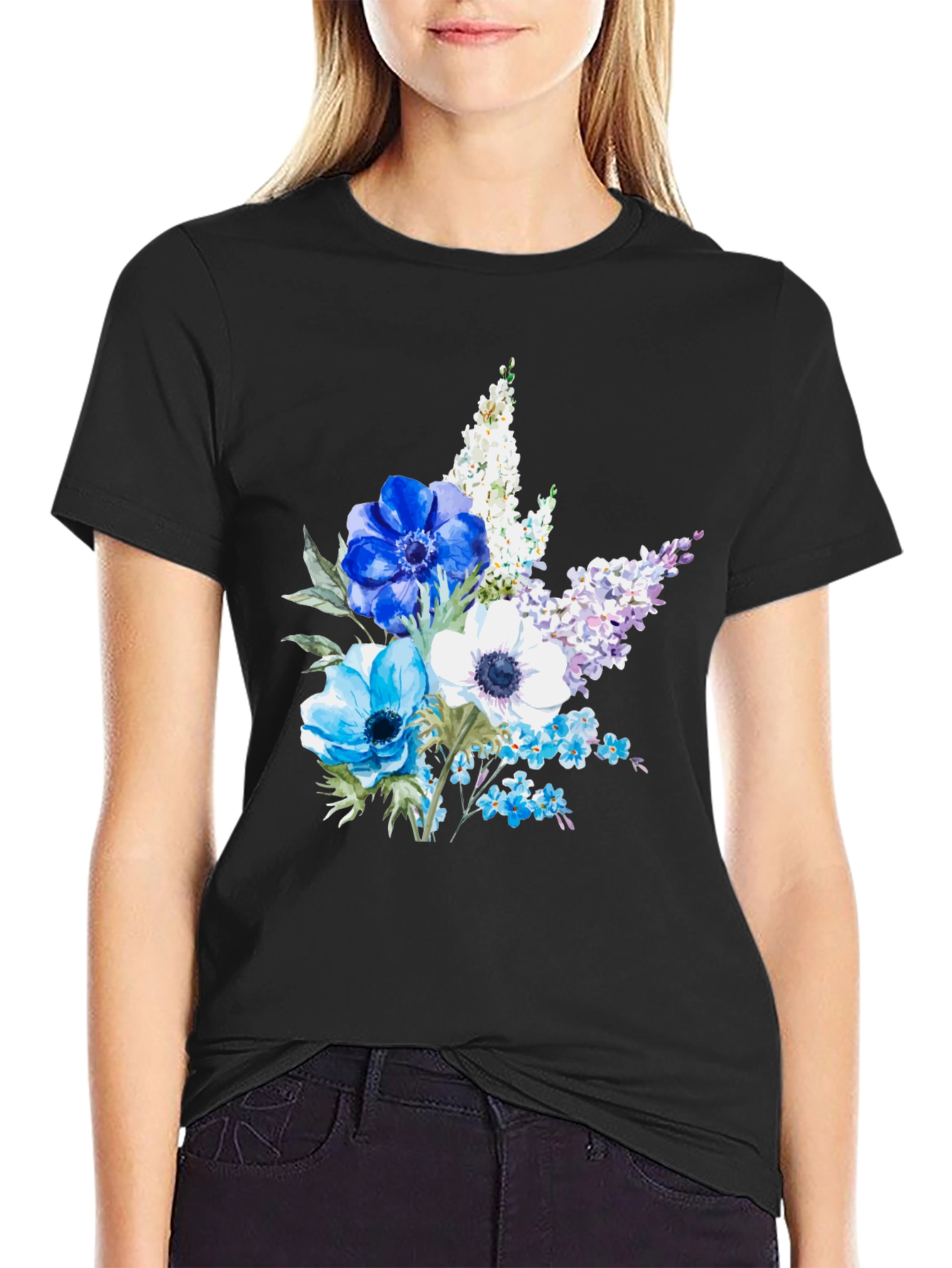 Black Floral Anemone Print Black T-Shirt view 2