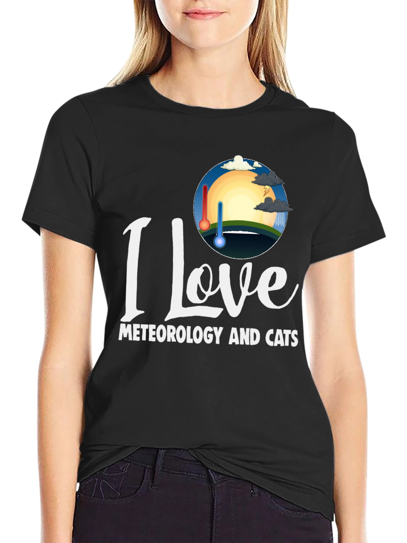 Black I Love Meteorology and Cats T-Shirt view 2
