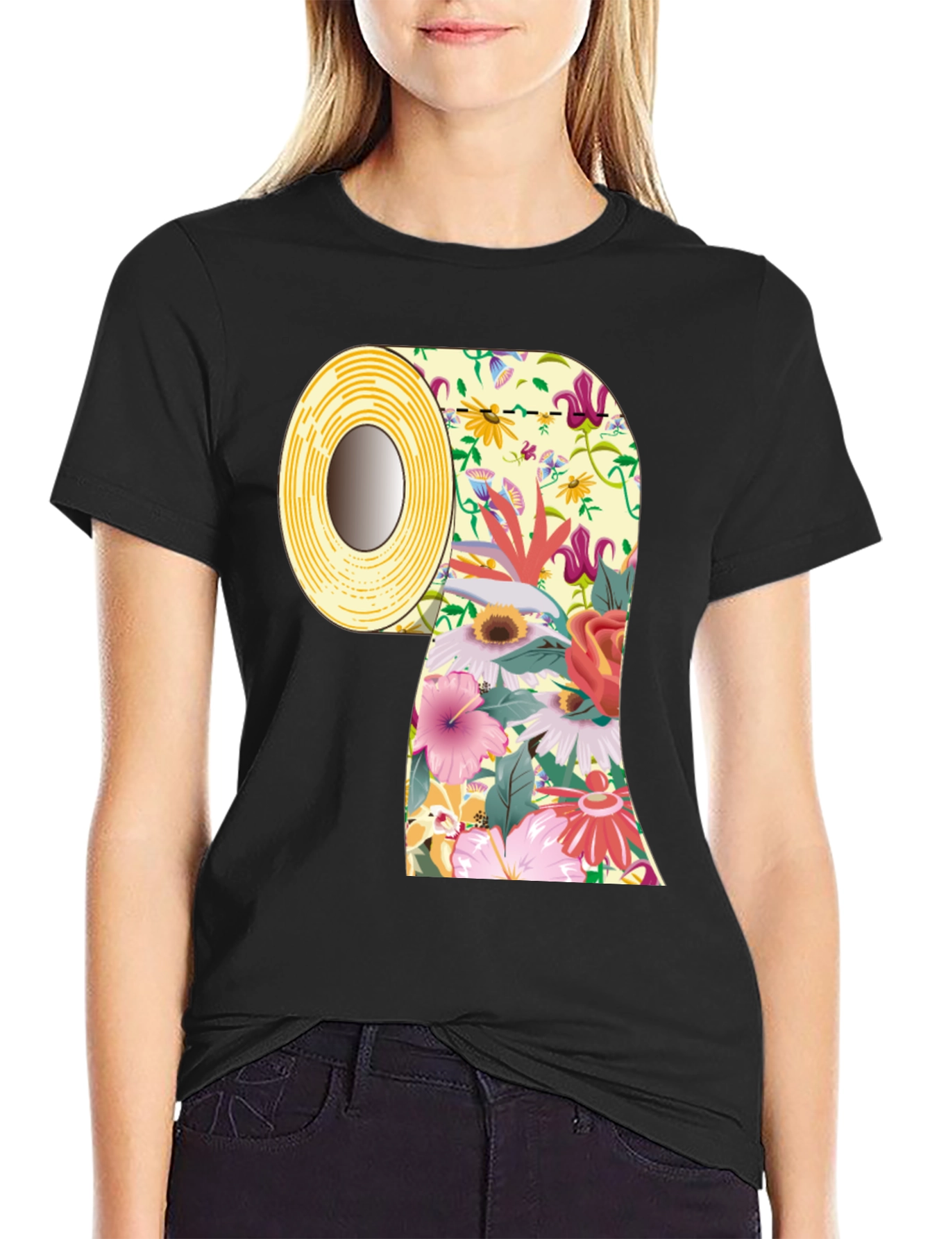 Black Floral Toilet Paper Roll Graphic T-Shirt view 2