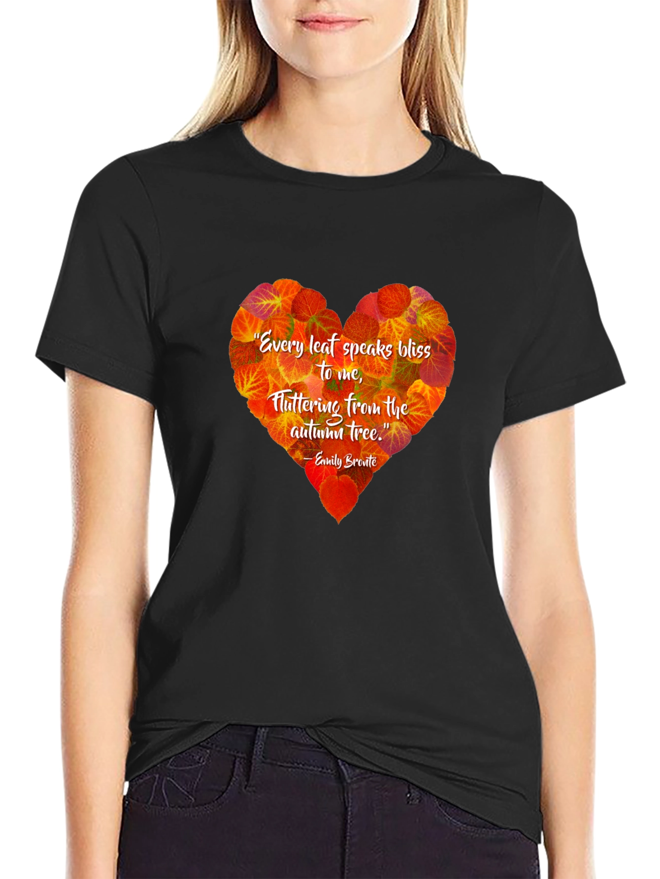 Black Autumn Leaf Heart T-Shirt - Emily Bronte Quote view 2