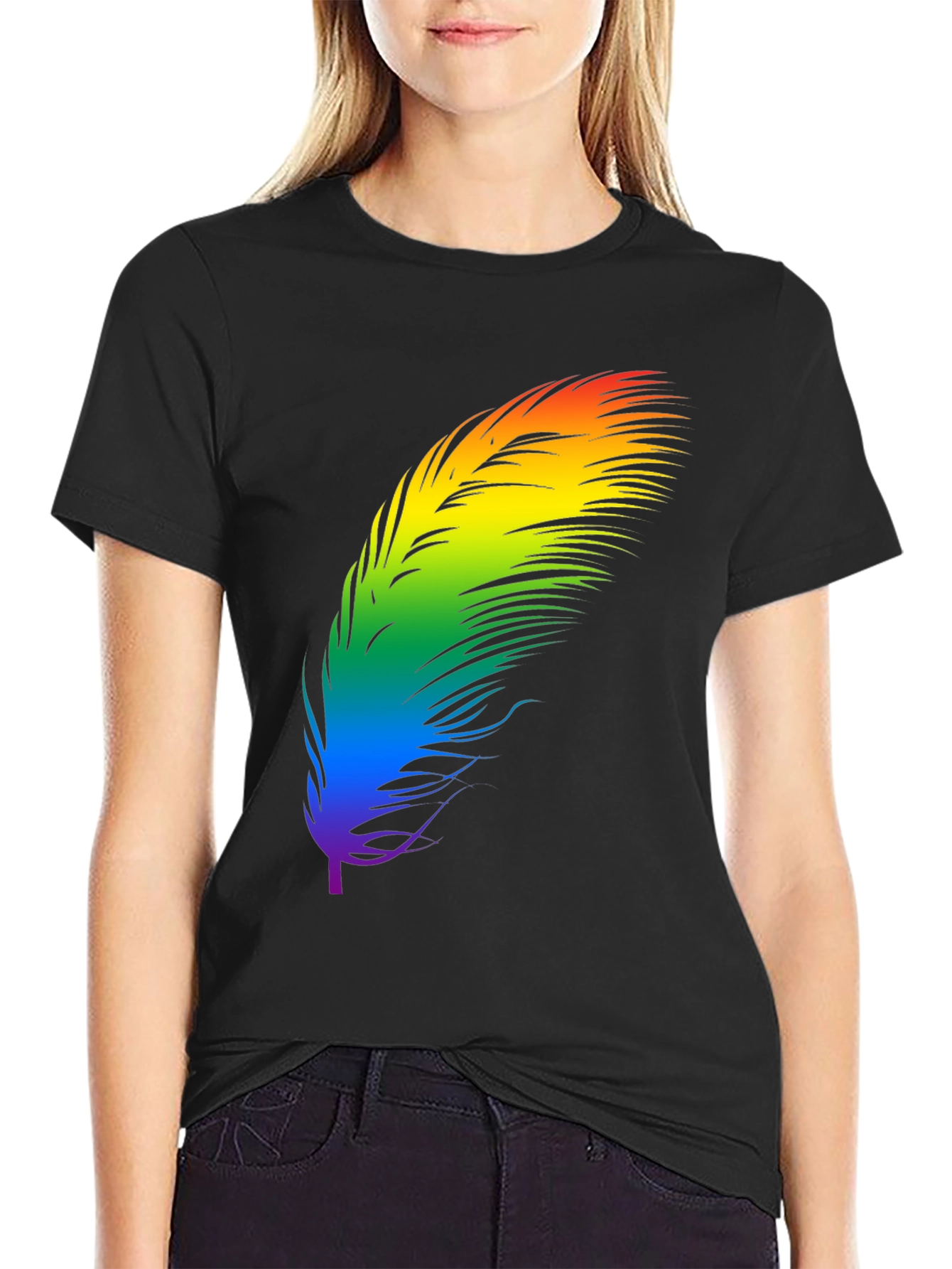 Black Rainbow Feather Graphic Tee - Black Cotton Blend Shirt view 2
