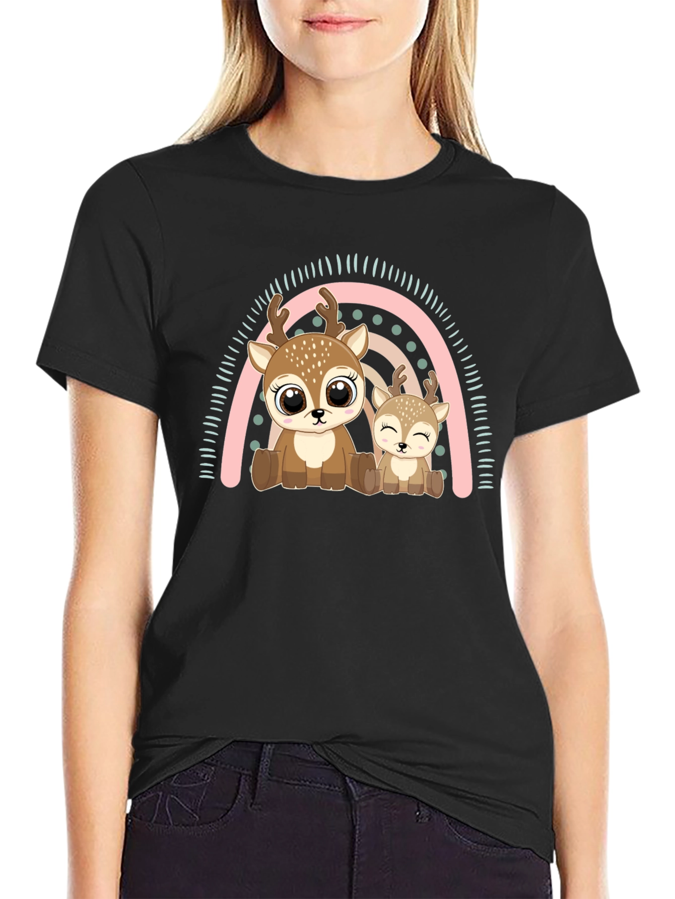 Black Cute Deer Rainbow Graphic Tee view 2