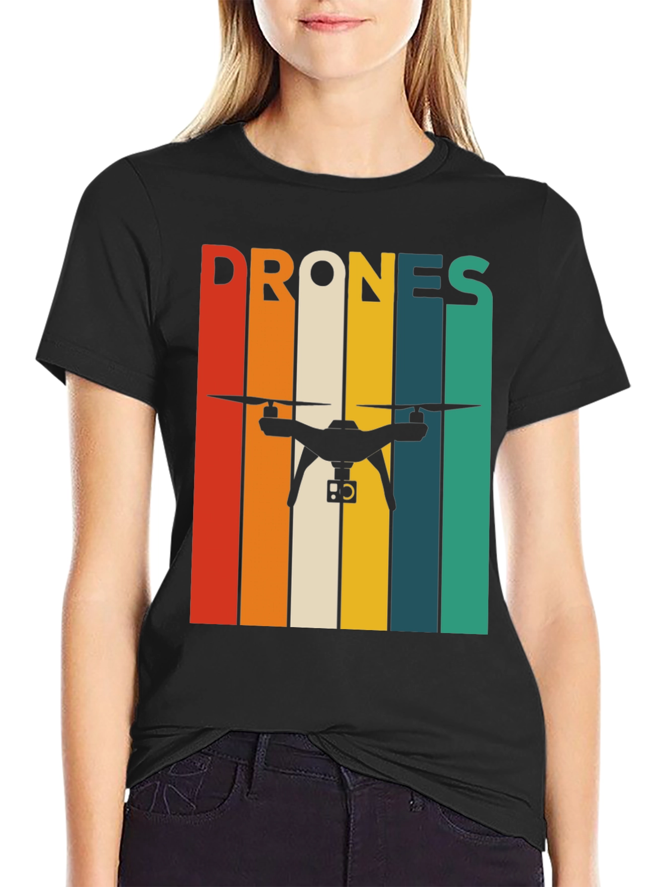 Black Retro Drone T-Shirt - Vintage Stripes Tee view 2