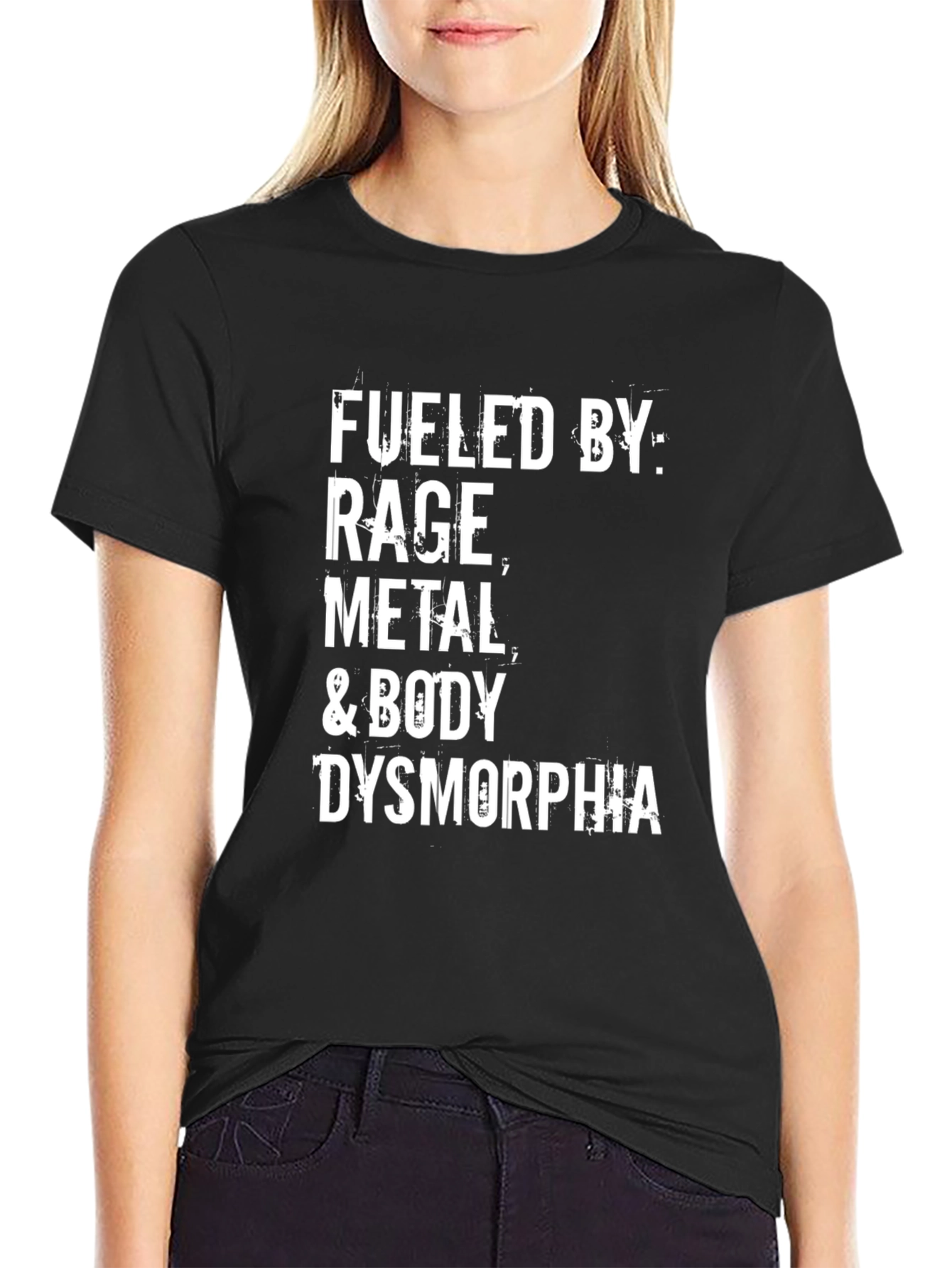 Black Fueled by Rage, Metal, and Body Dysmorphia T-Shirt view 2