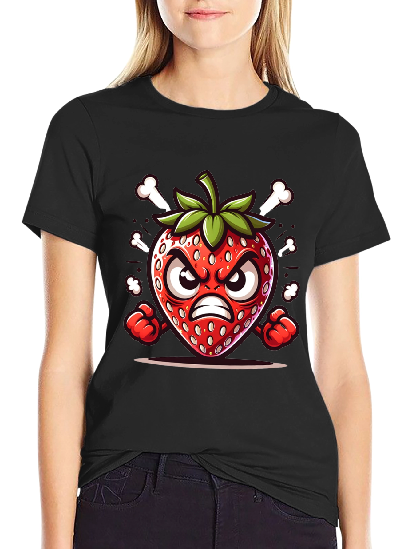 Black Angry Strawberry Cartoon Graphic Tee view 2