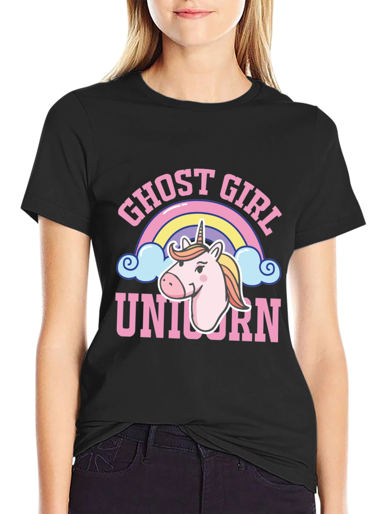 Black Ghost Girl Unicorn T-Shirt - Cute Rainbow Design view 2