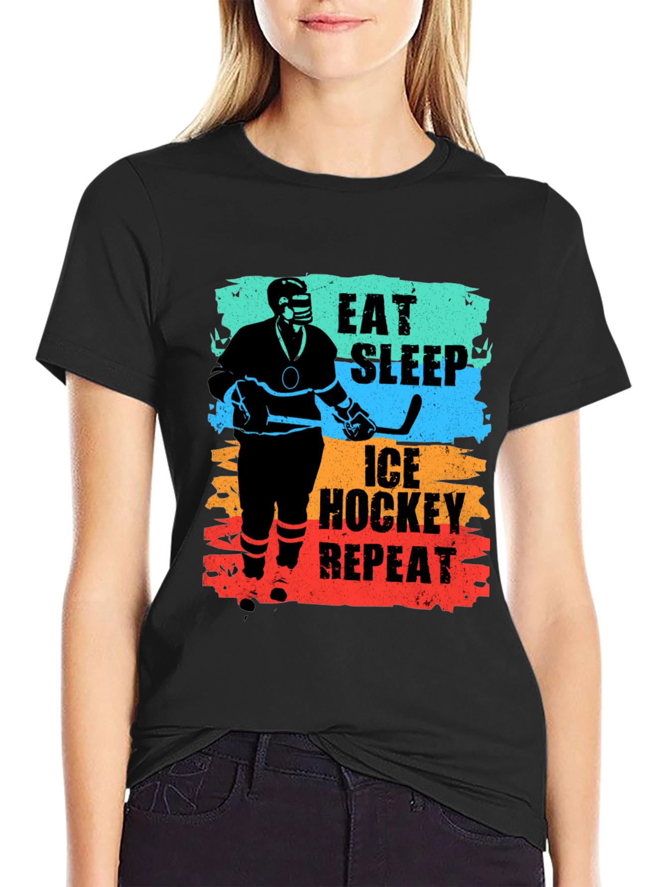 Black Eat Sleep Ice Hockey Repeat Graphic T-Shirt view 2