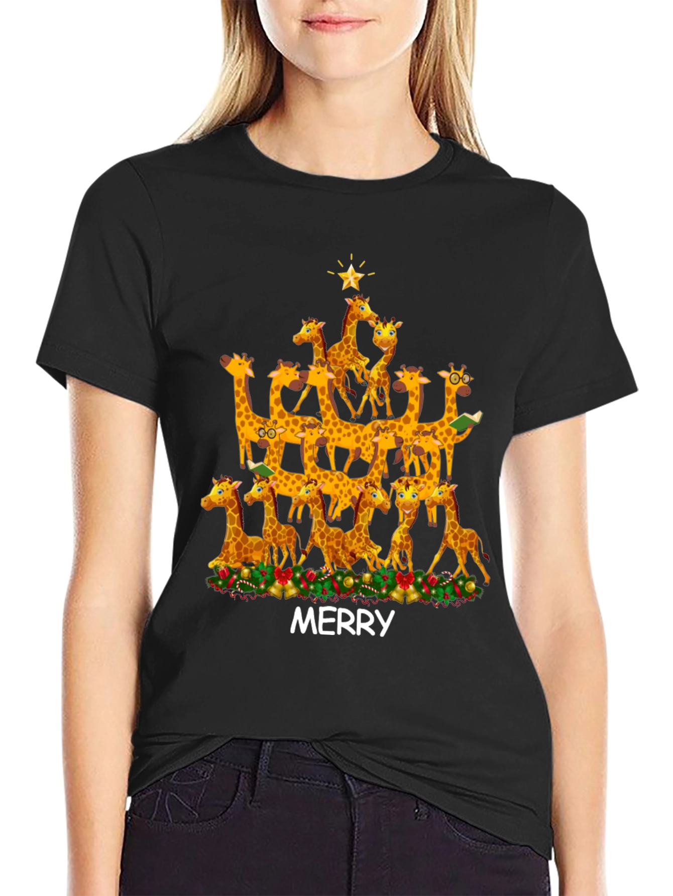 Black Merry Giraffe Christmas Tree T-Shirt view 2