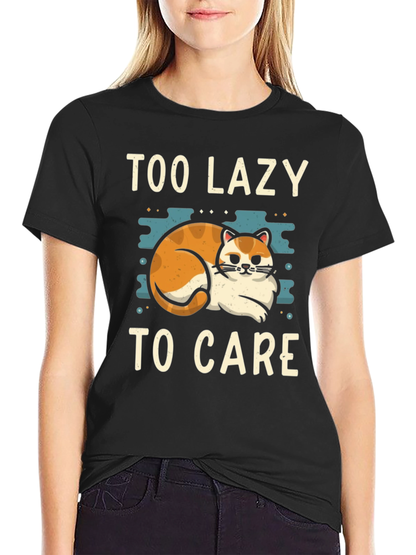 Black Too Lazy To Care Cat Graphic Tee view 2