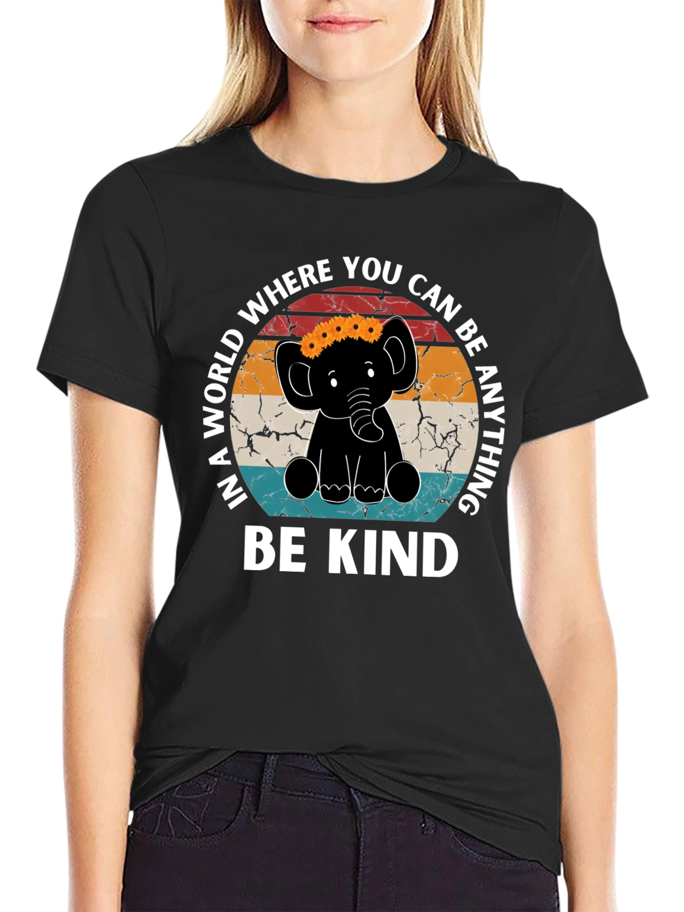 Black Be Kind Elephant Graphic Tee - Inspirational Shirt view 2