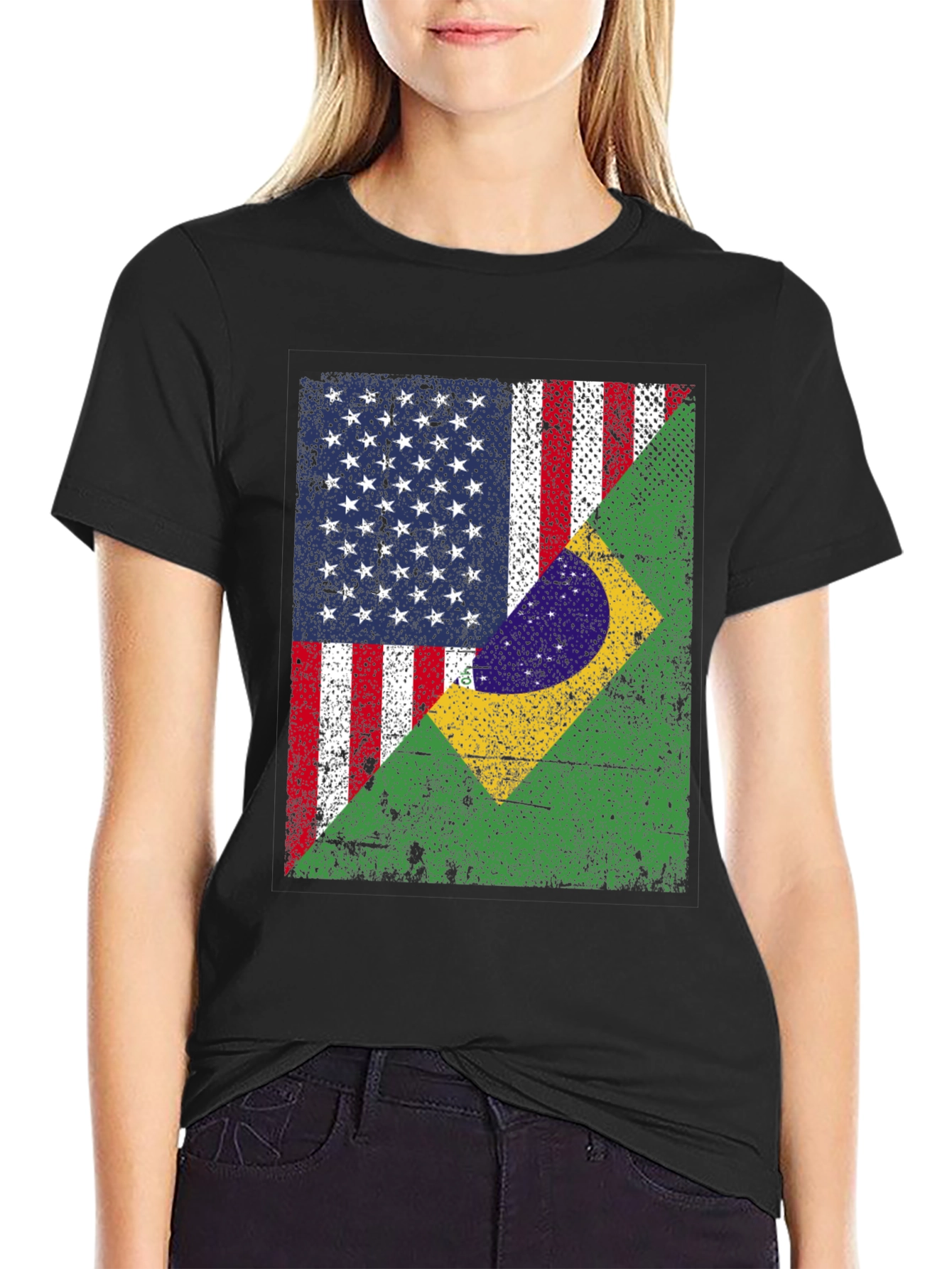 Black USA and Brazil Flag T-Shirt view 2