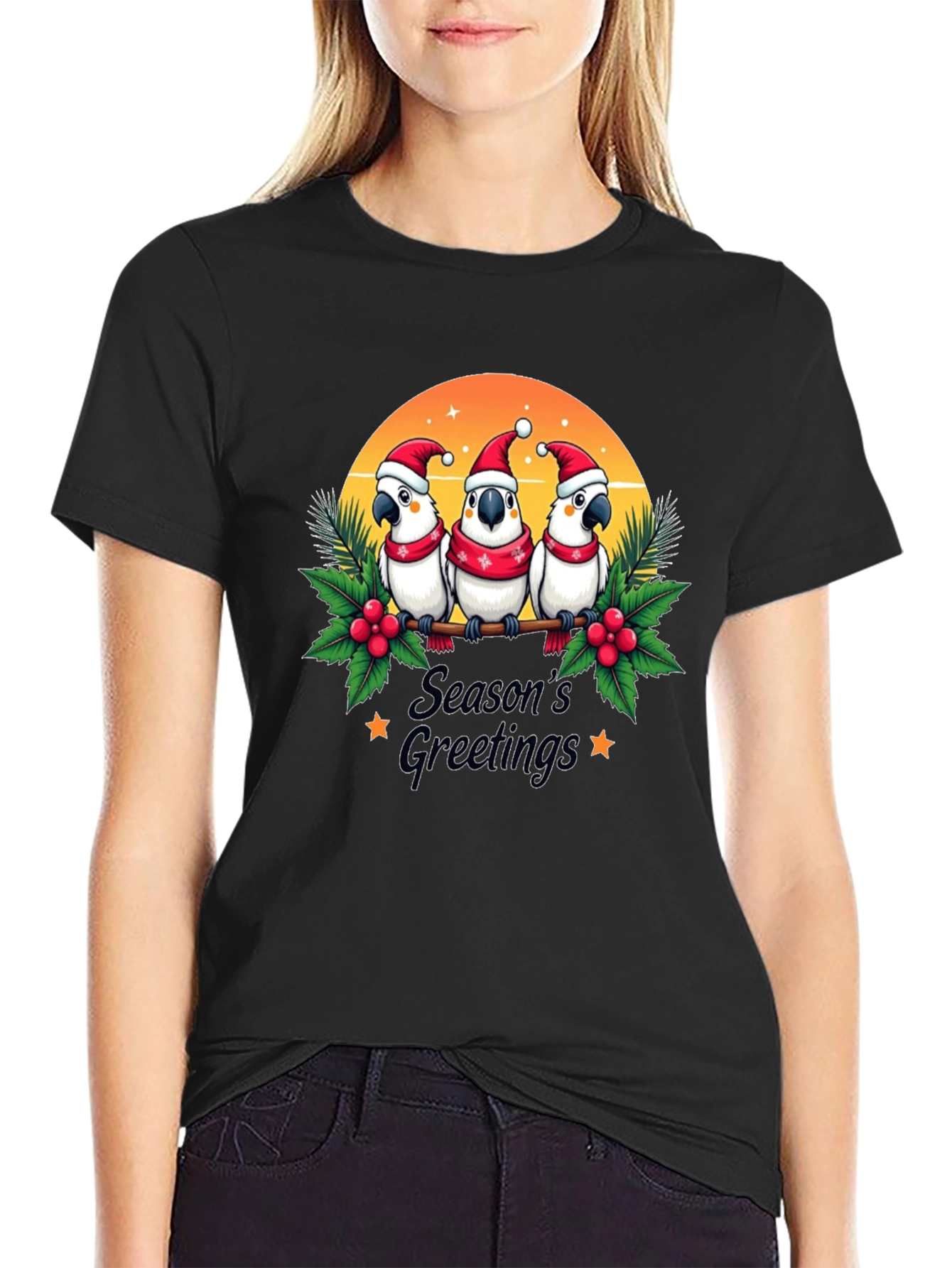 Black Festive Holiday Parrots T-Shirt view 2