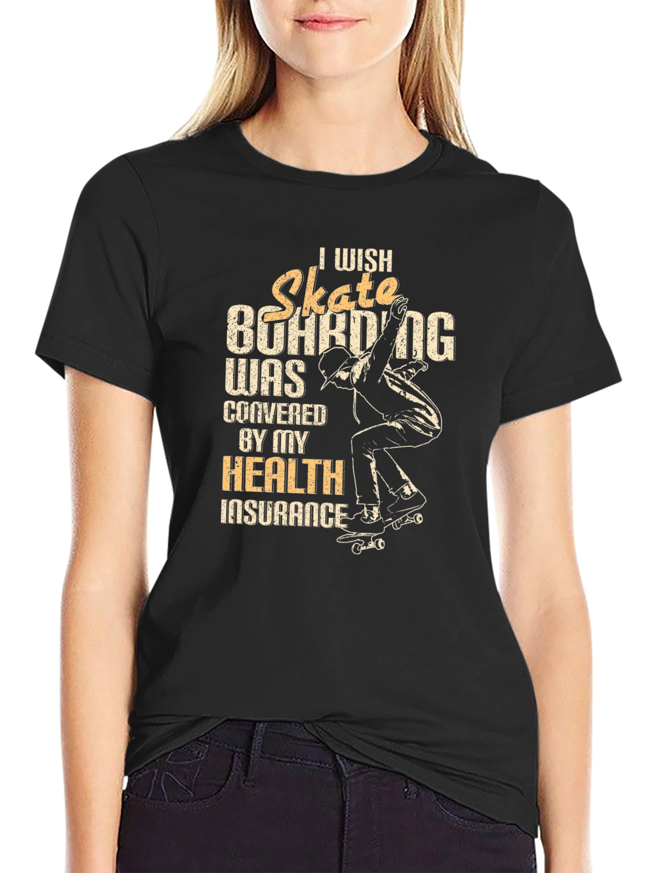 Black Skateboarding Health Insurance T-Shirt view 2