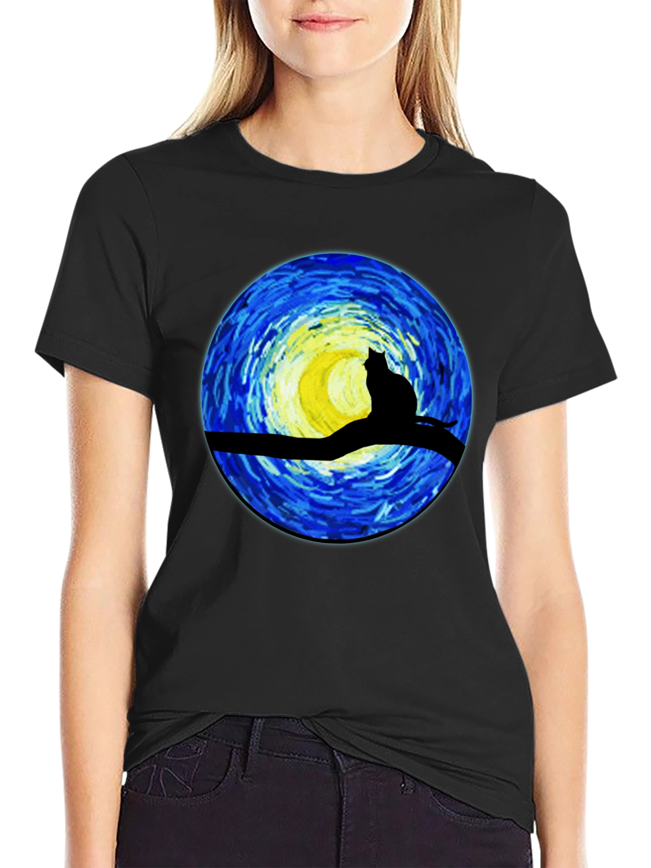 Black Starry Night Cat T-Shirt - Artistic Graphic Tee view 2