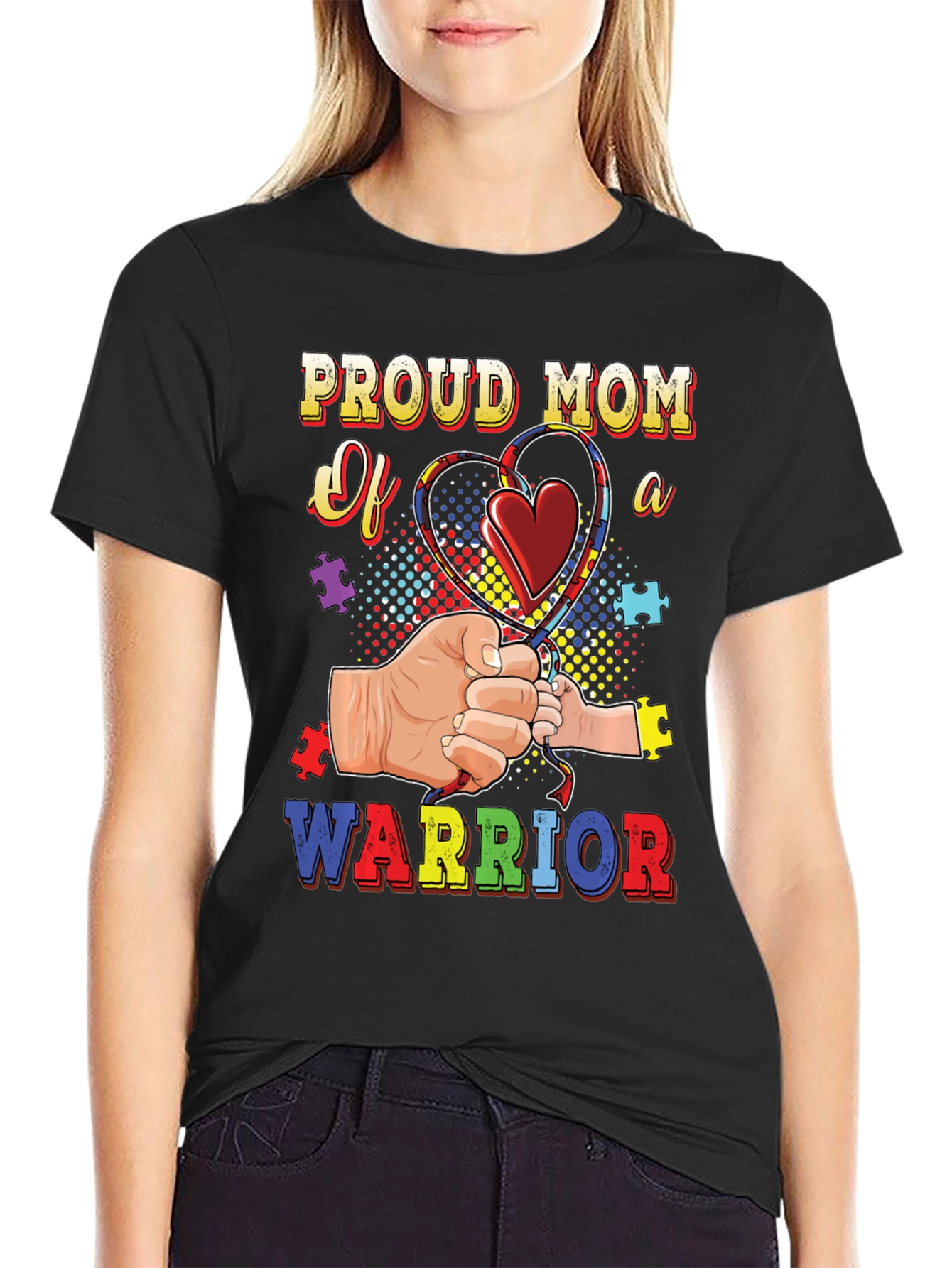 Black Proud Mom of a Warrior Autism Awareness T-Shirt view 2