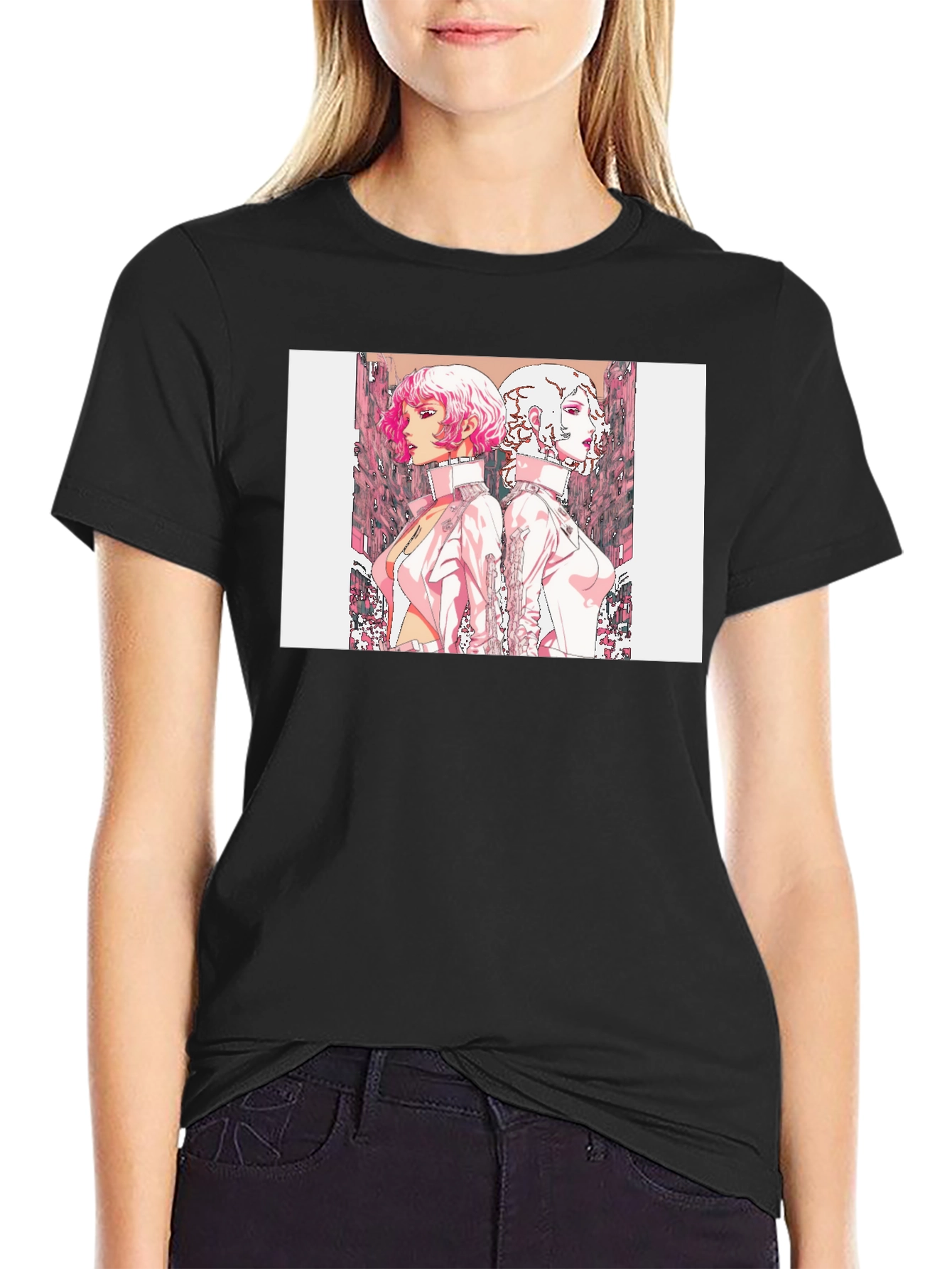 Black Black T-Shirt with Anime Style Graphic Print view 2