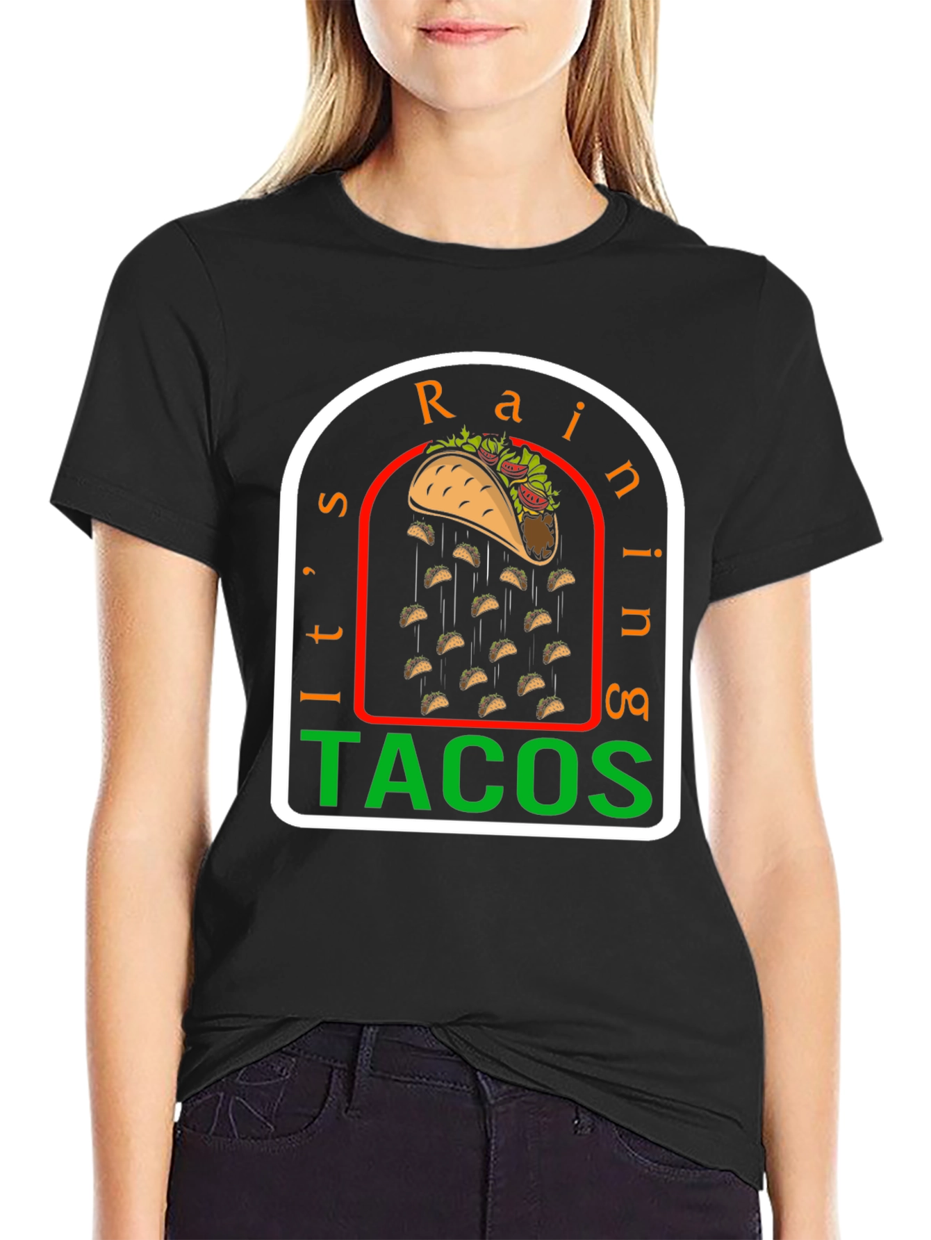 Black It's Raining Tacos Funny Graphic T-Shirt view 2