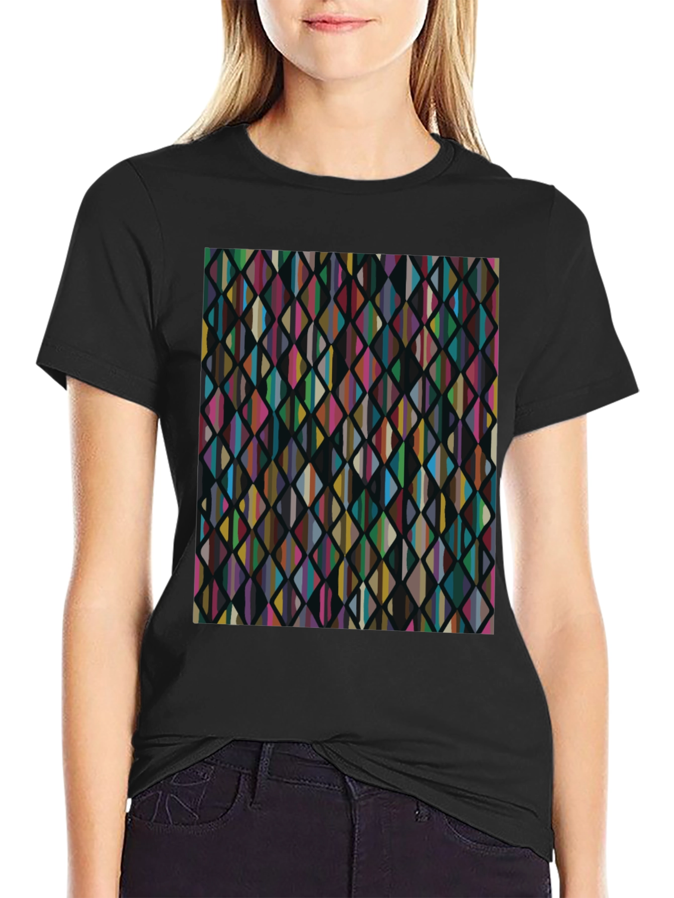 Black Abstract Geometric Rhombus Pattern Black T-Shirt view 2