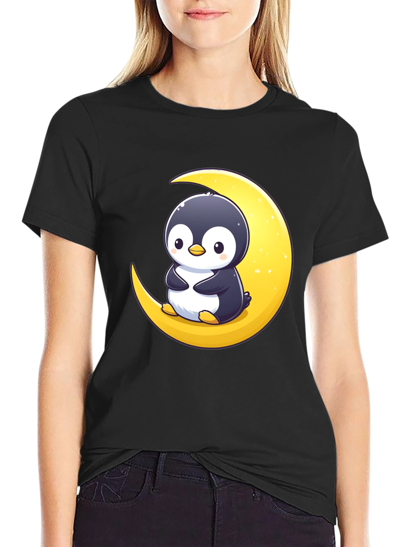 Black Penguin Moon Graphic Tee - Black Cotton T-Shirt view 2