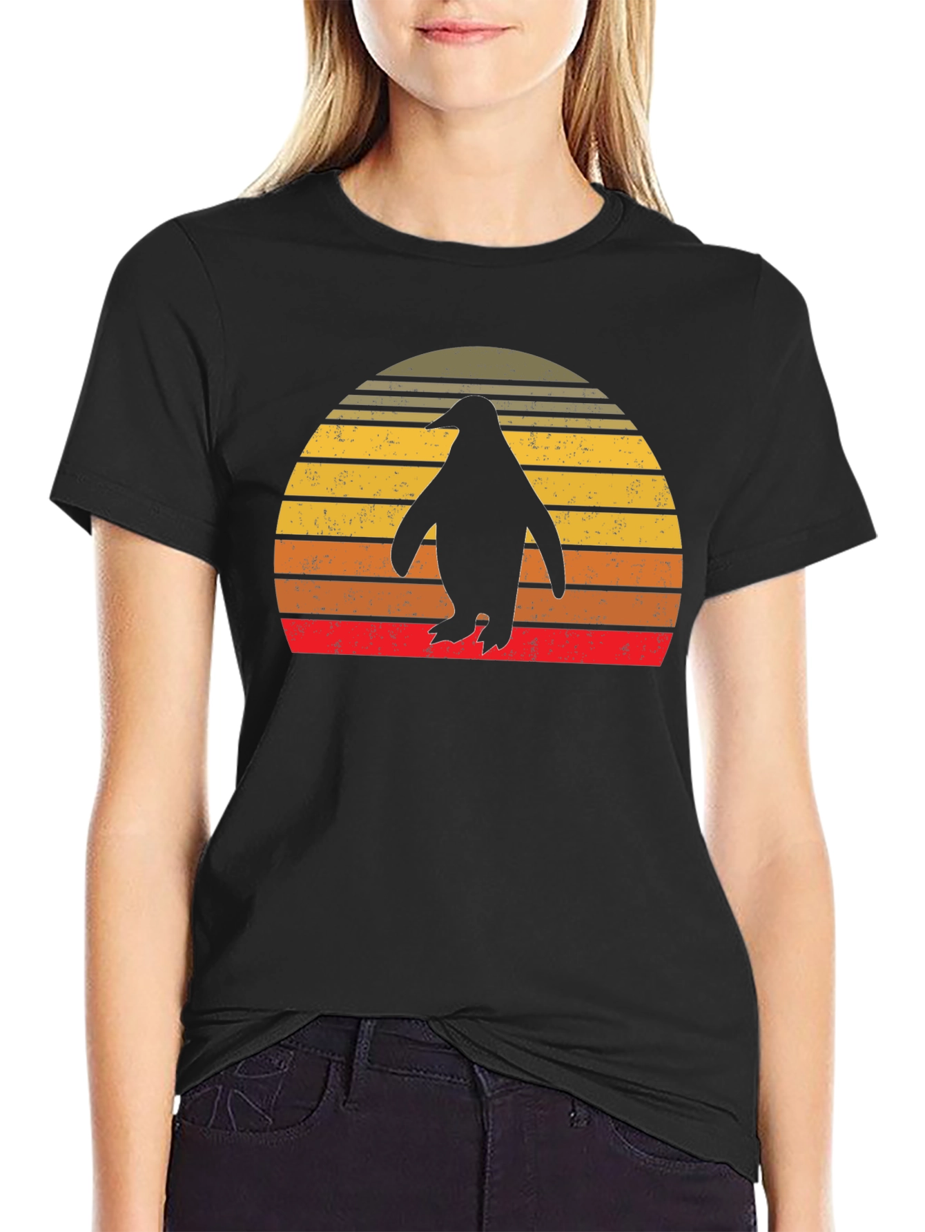 Black Retro Penguin Sunset T-Shirt view 2