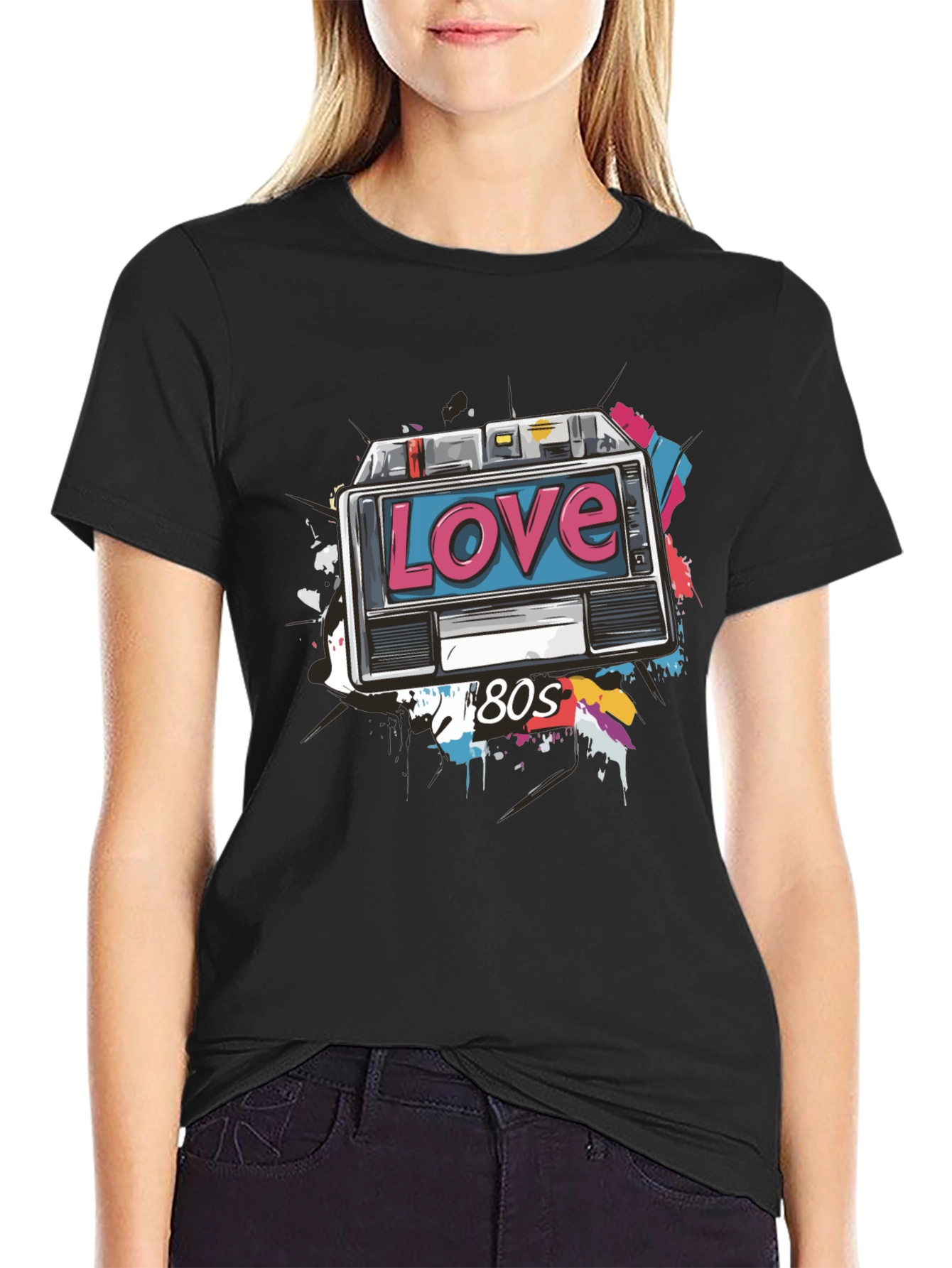 Black Retro 80s Love Cassette Tape Graphic T-Shirt view 2