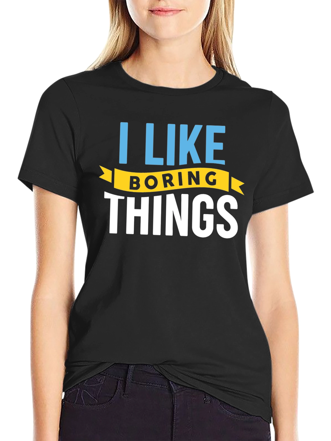 Black I Like Boring Things T-Shirt - Black Crew Neck view 2
