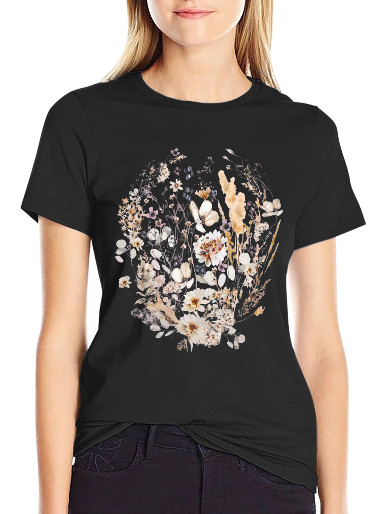 Black Floral Print Black Crew Neck T-Shirt view 2