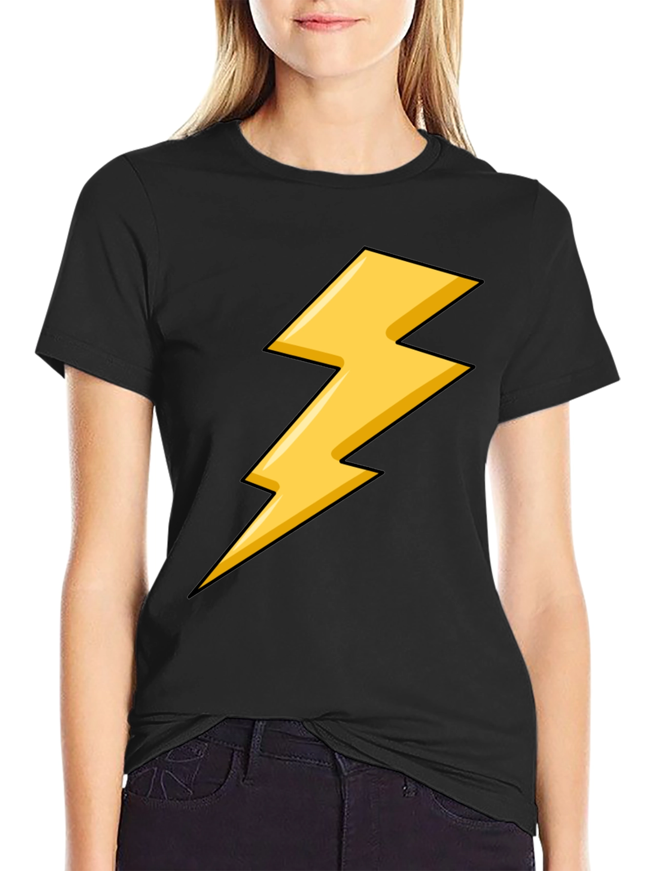 Black Black T-Shirt with Yellow Lightning Bolt Design view 2