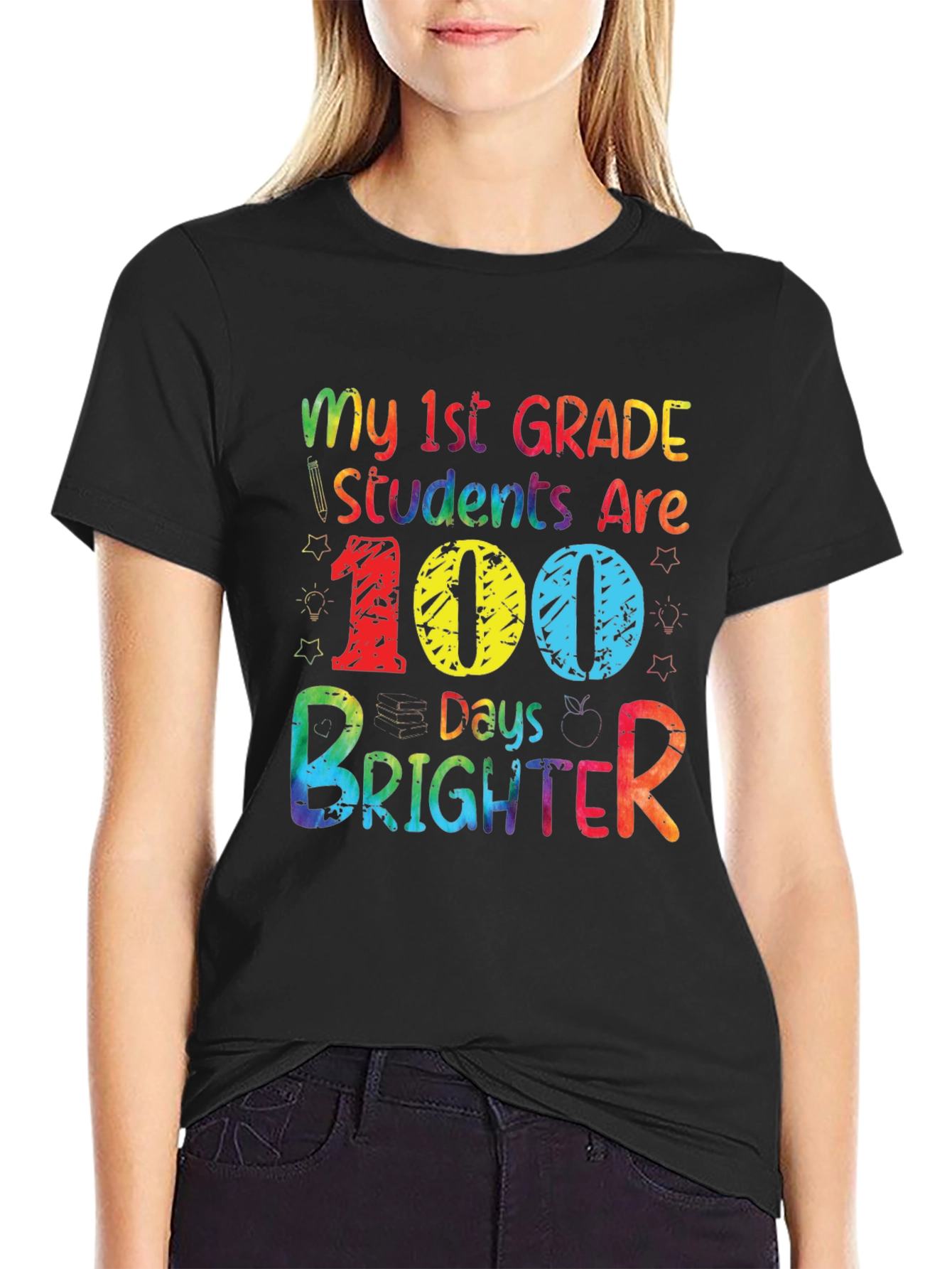 Black 100 Days Brighter Teacher T-Shirt view 2