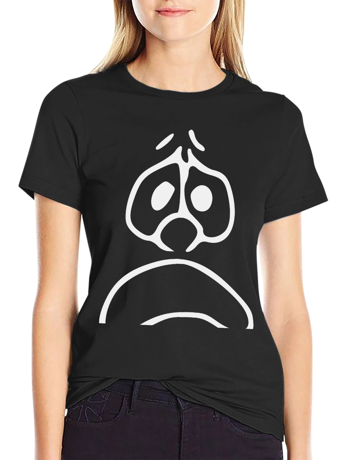 Black Sad Face Graphic Tee - Unisex Black Cotton T-Shirt view 2