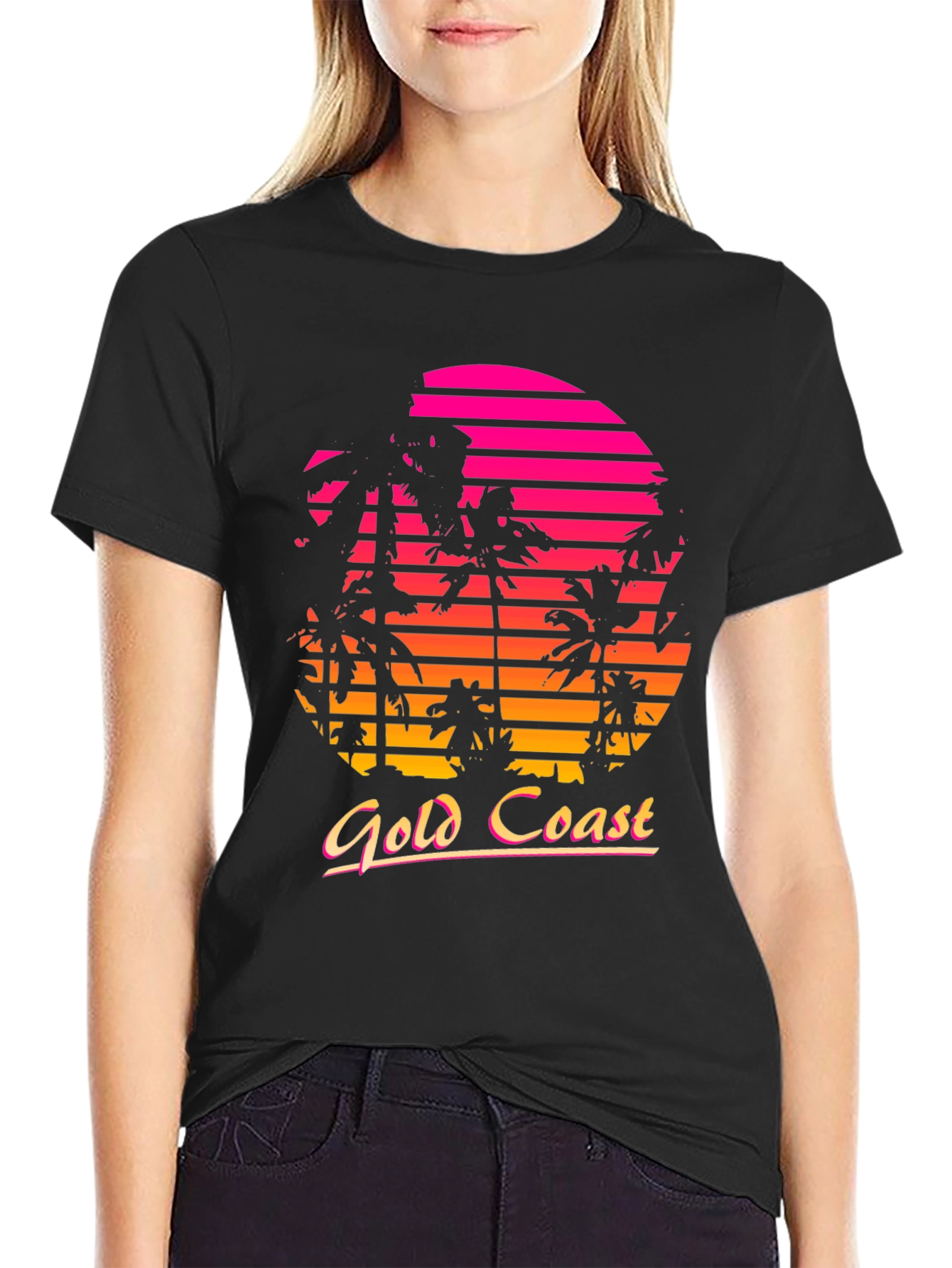 Black Gold Coast Retro Sunset Palm Tree T-Shirt view 2