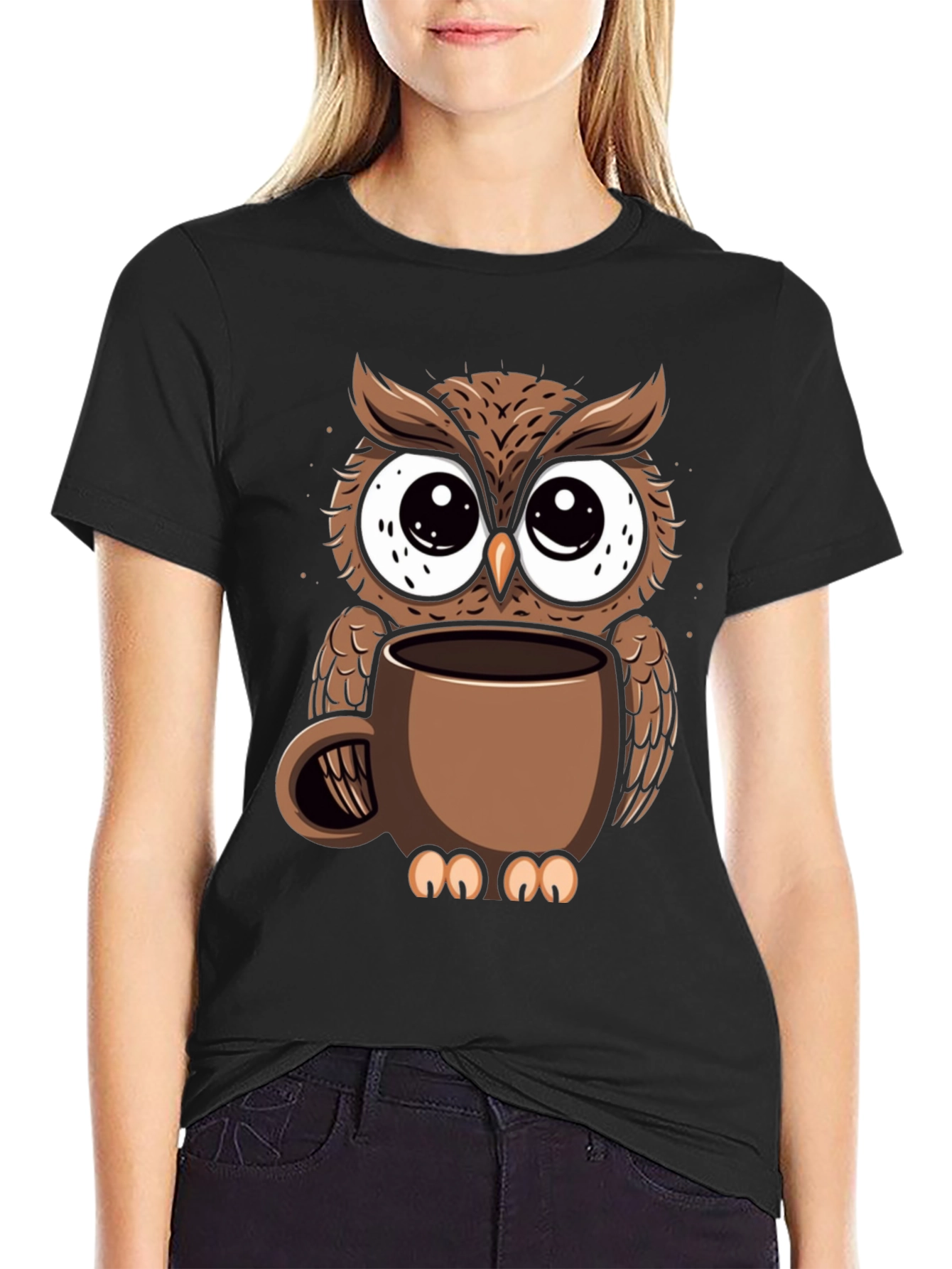 Black Owl Coffee Cup T-Shirt - Whimsical Bird Lover Tee view 2