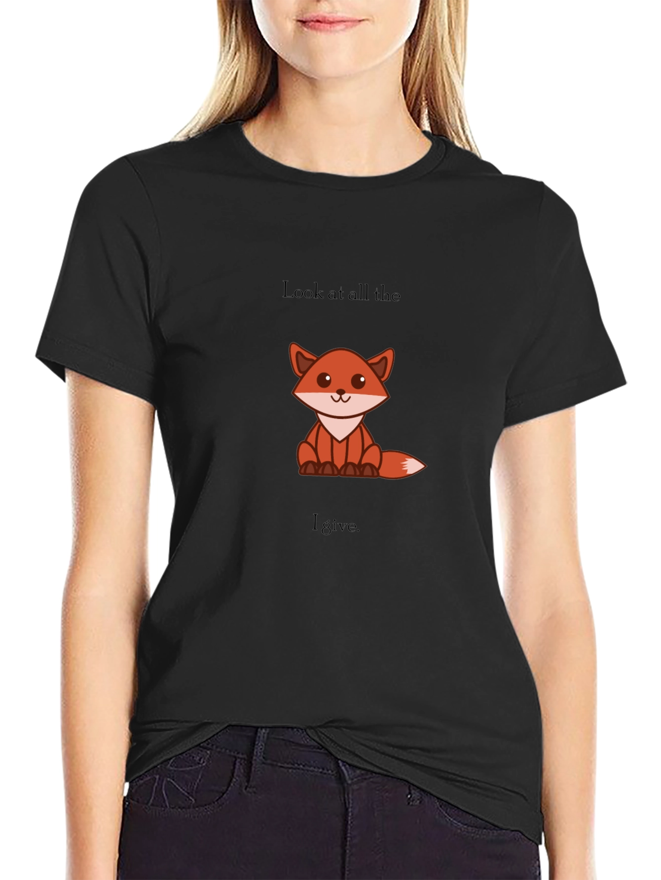 Black Cute Fox Graphic Tee - 'Look at All the Fox I Give' view 2