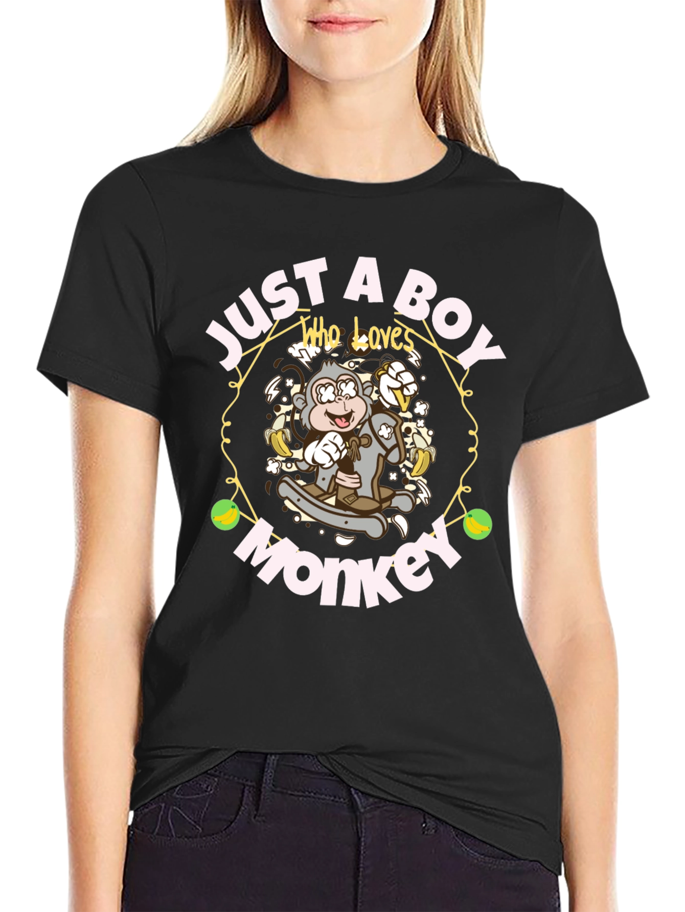 Black Just A Boy Who Loves Monkeys T-Shirt view 2