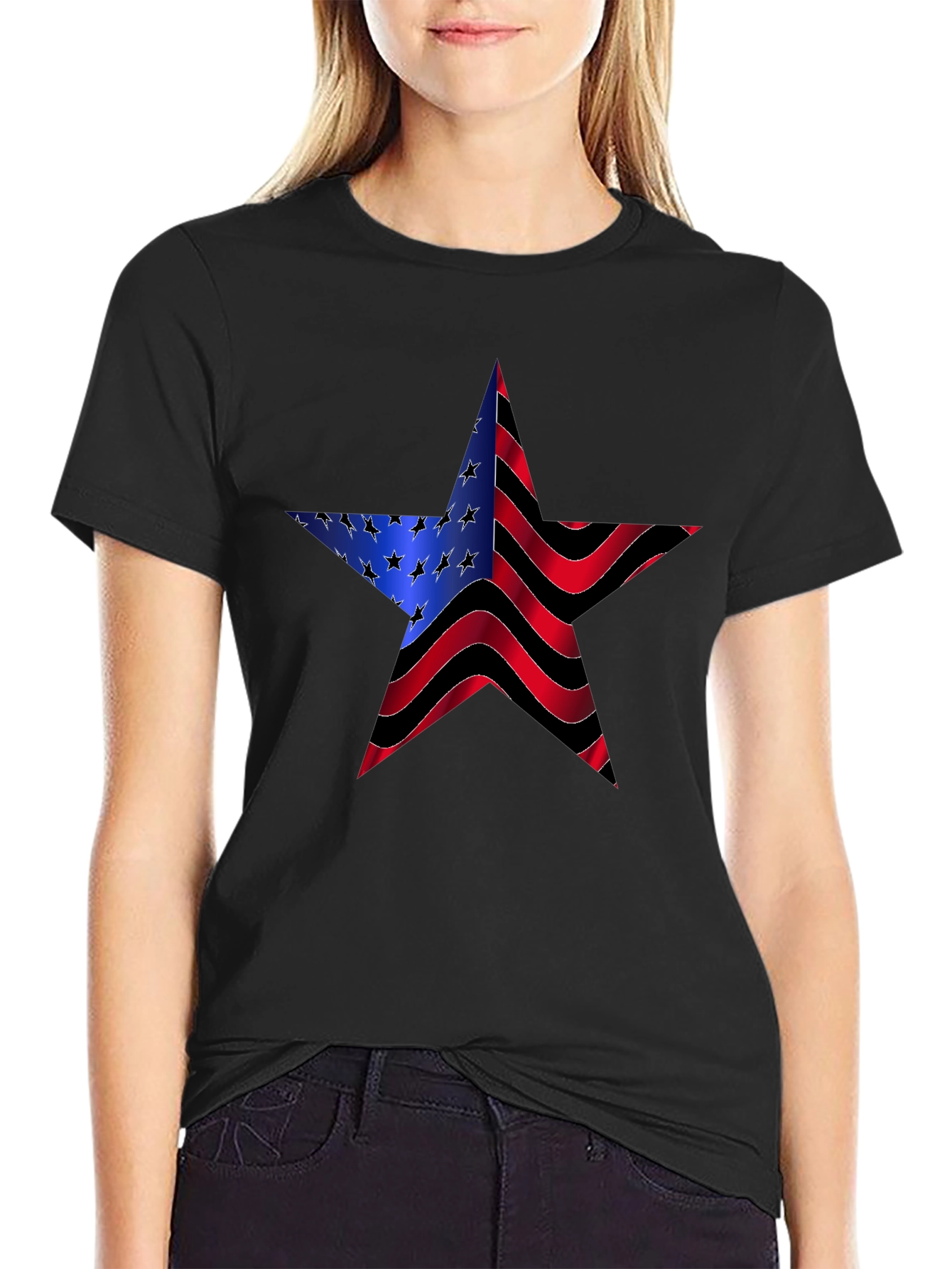Black American Flag Star Graphic Black Tee view 2