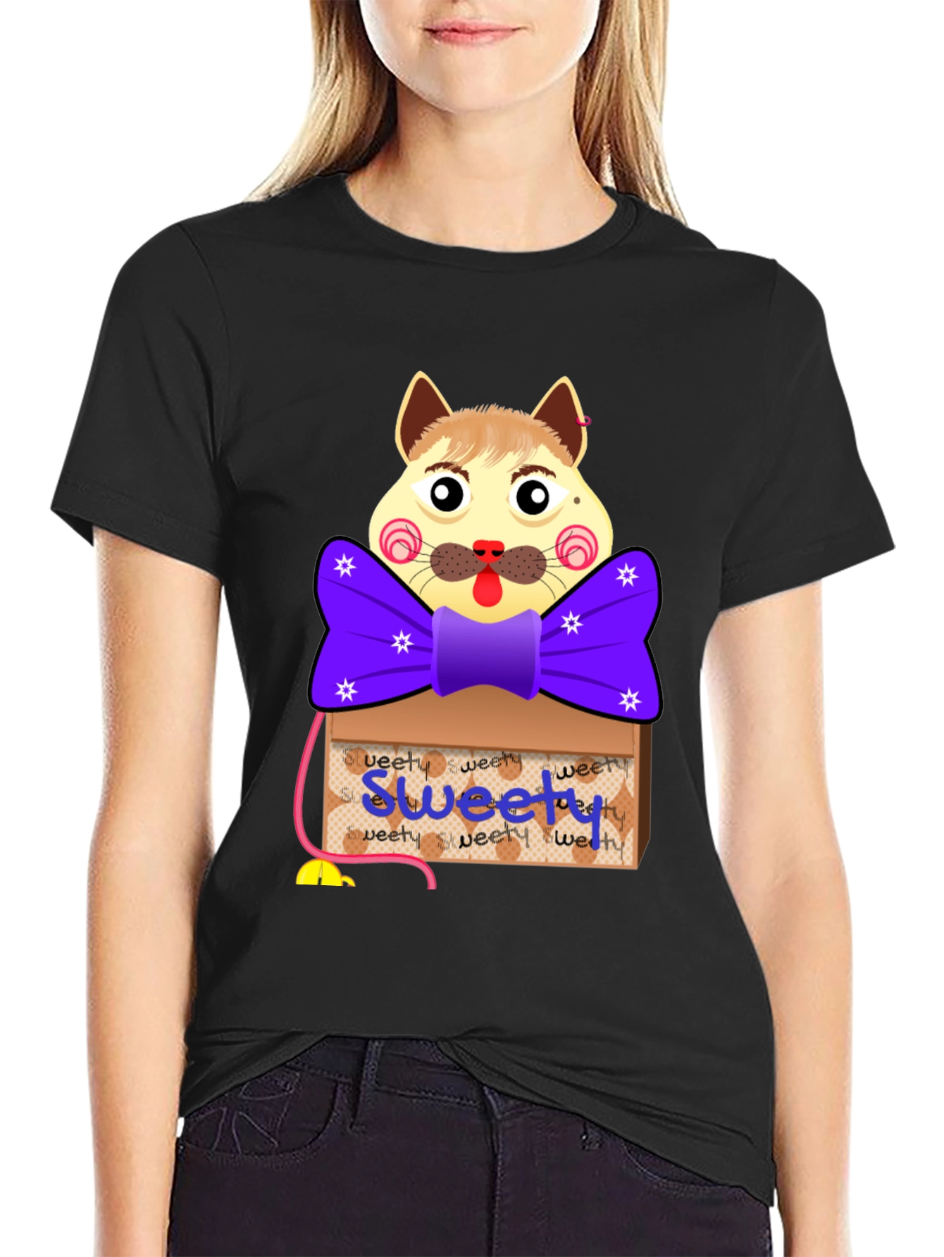 Black Cartoon Cat 'Sweety' Box T-Shirt view 2