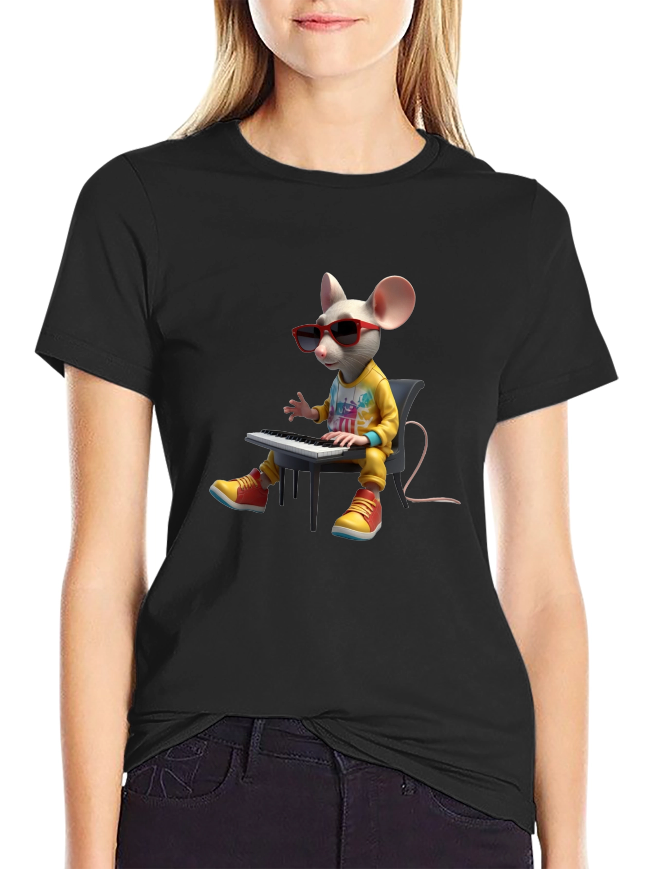 Black Cool Mouse Playing Piano Black T-Shirt view 2