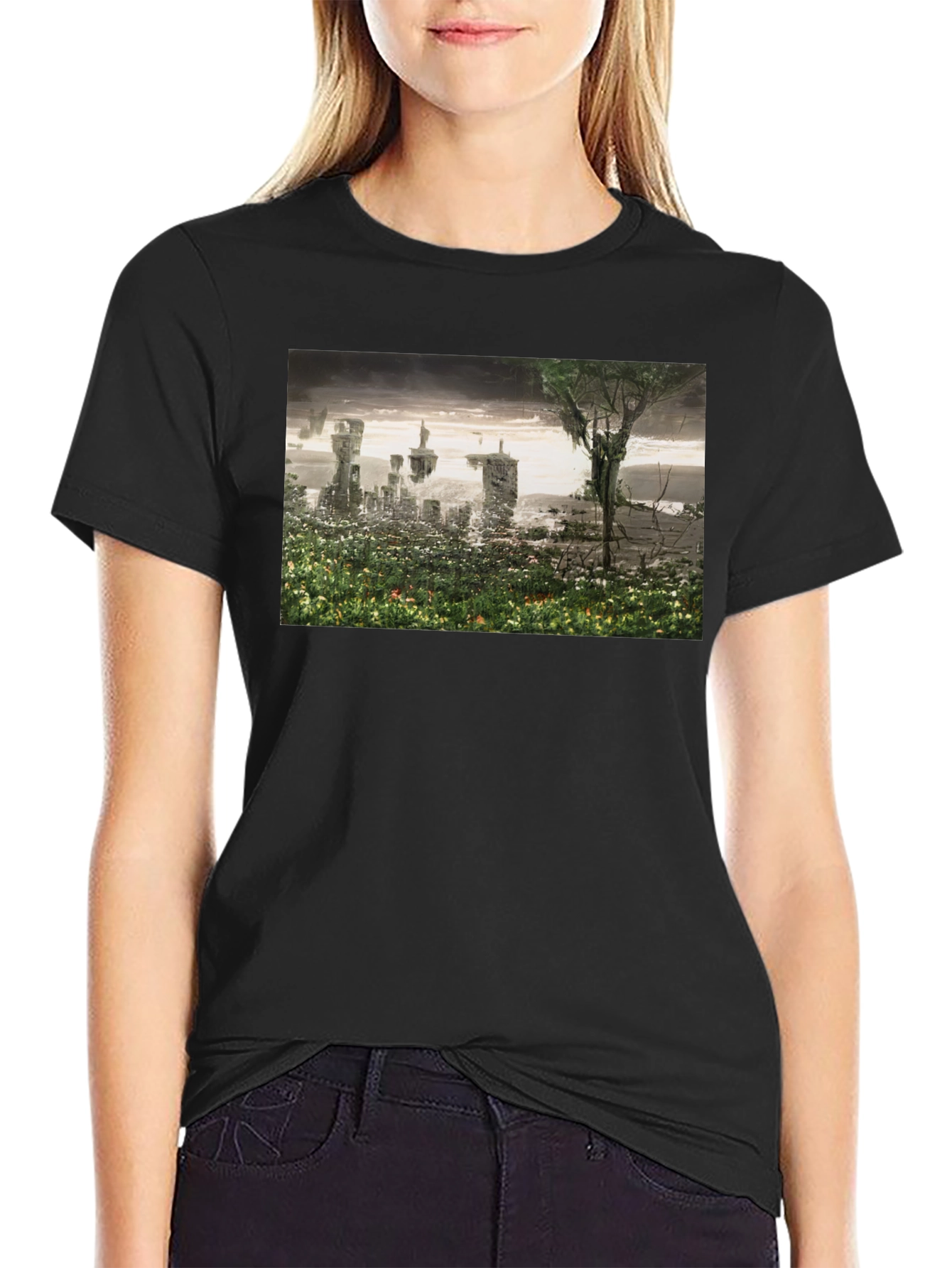 Black Surreal Landscape Graphic Tee - Modern Artistic T-Shirt view 2