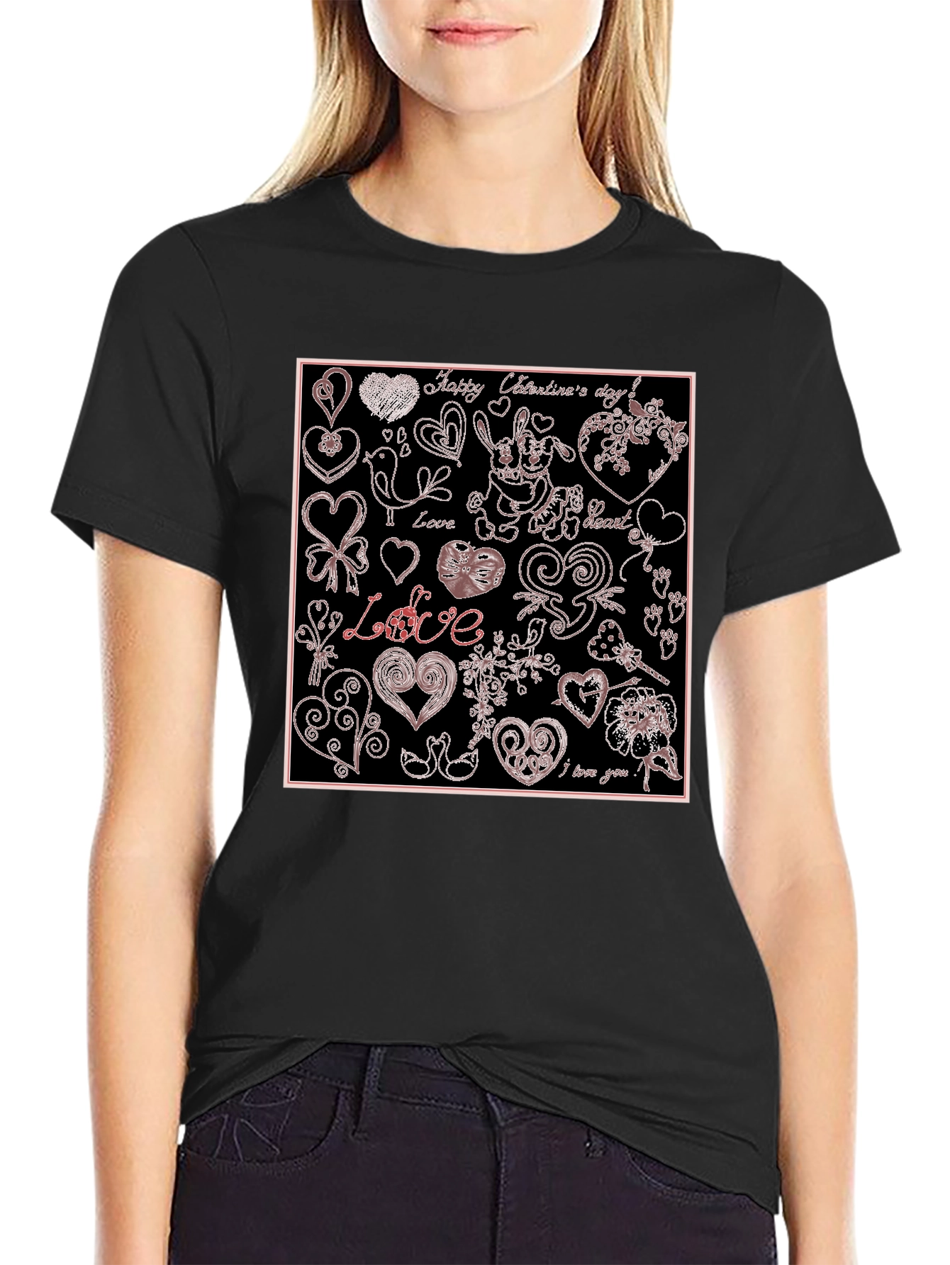 Black Valentine's Day Hearts Pattern Graphic Tee view 2
