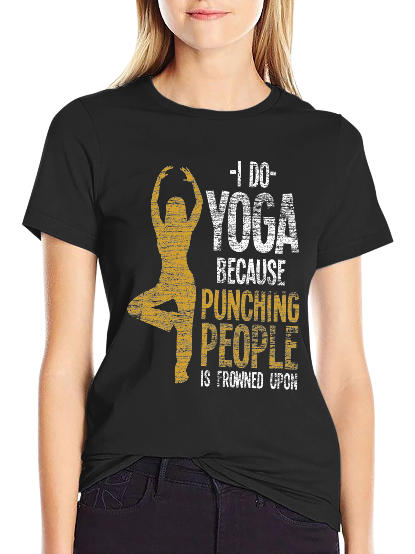 Black Yoga Graphic Tee - Punching People Is Frowned Upon view 2