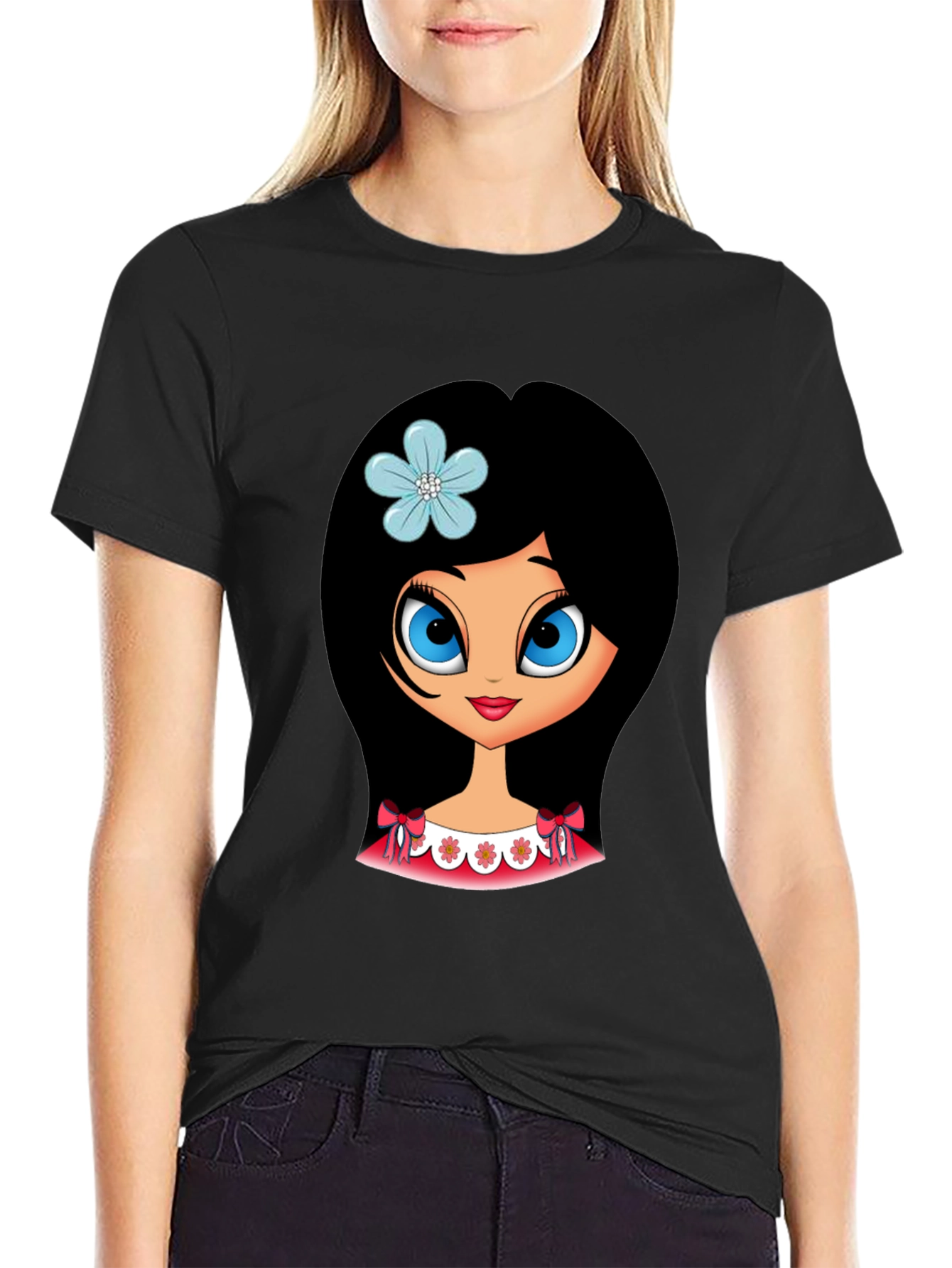 Black Cute Cartoon Girl Graphic T-Shirt view 2