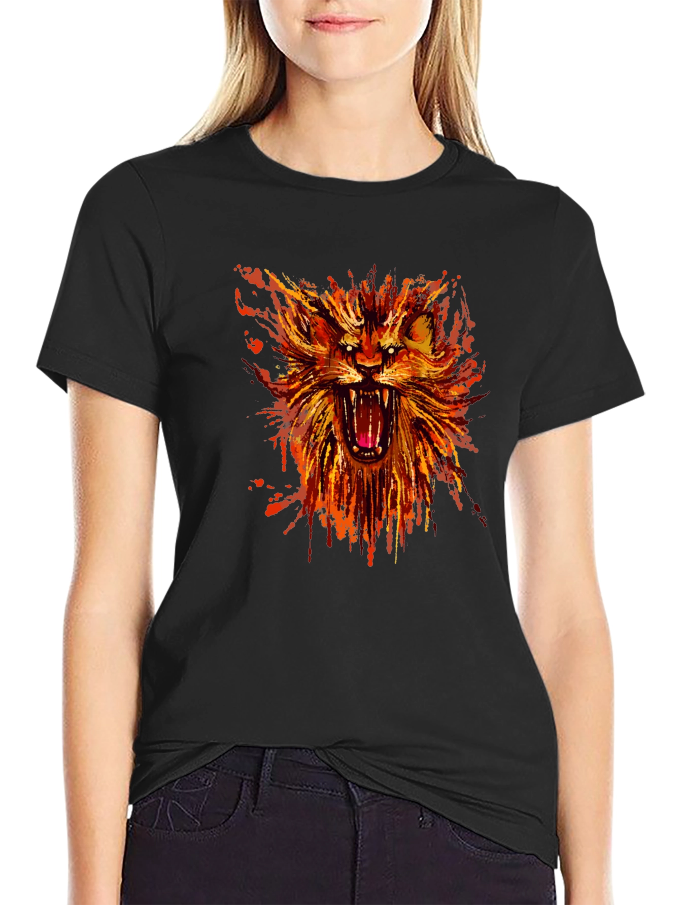 Black Fiery Lion Graphic Print Black T-Shirt view 2
