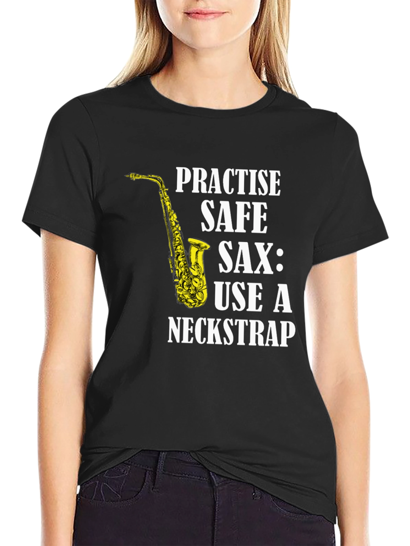 Black Practise Safe Saxophone T-Shirt - Use a Neckstrap view 2