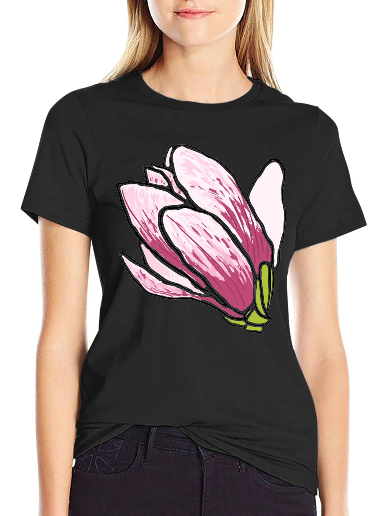 Black Magnolia Flower Graphic Tee - Soft Cotton Comfort view 2