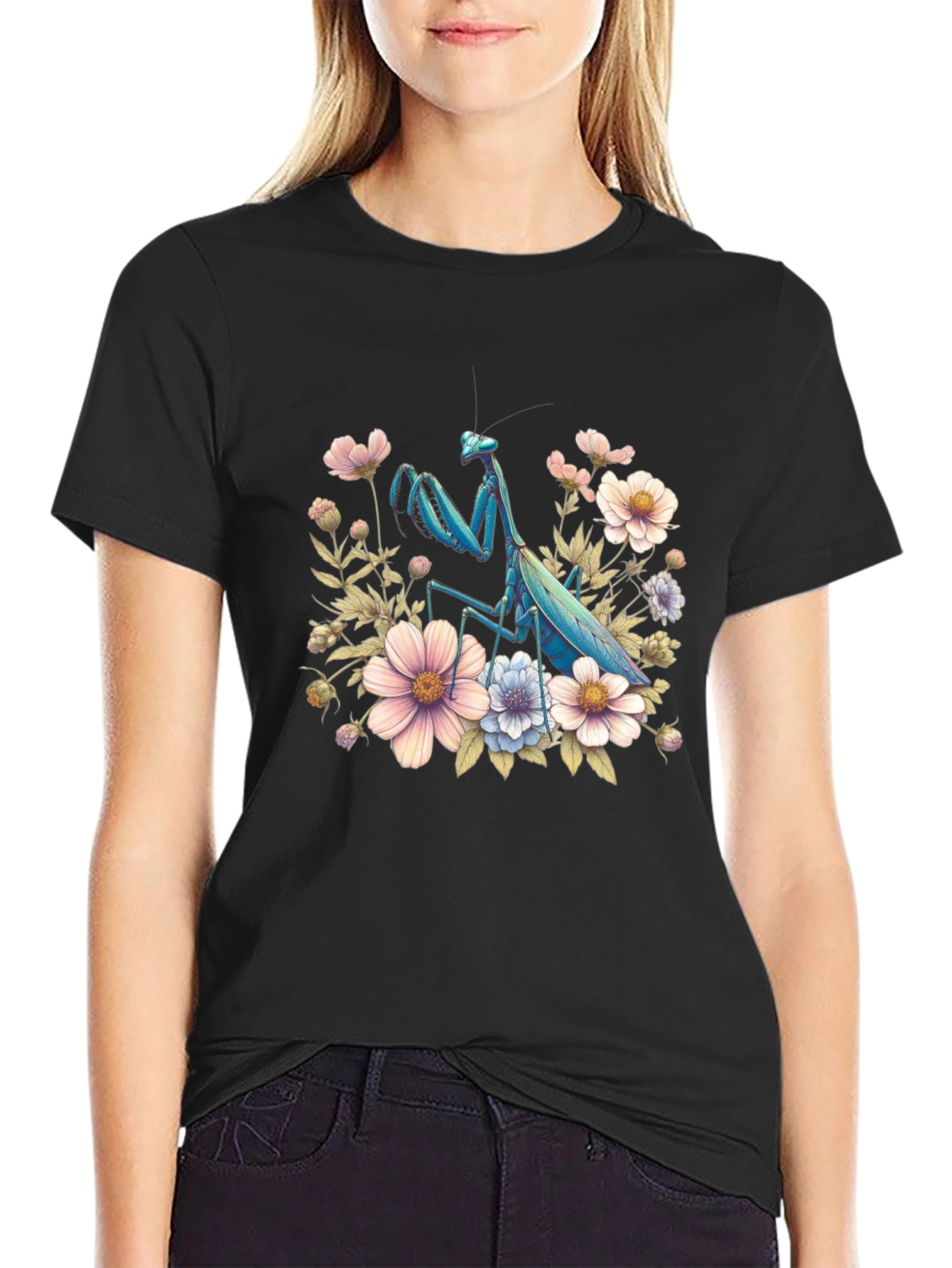 Black Floral Mantis Graphic Tee - Unique Bug Design view 2