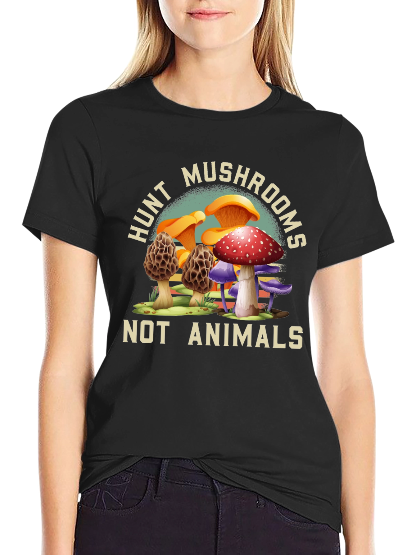 Black Hunt Mushrooms Tee - Vegan Nature Shirt view 2