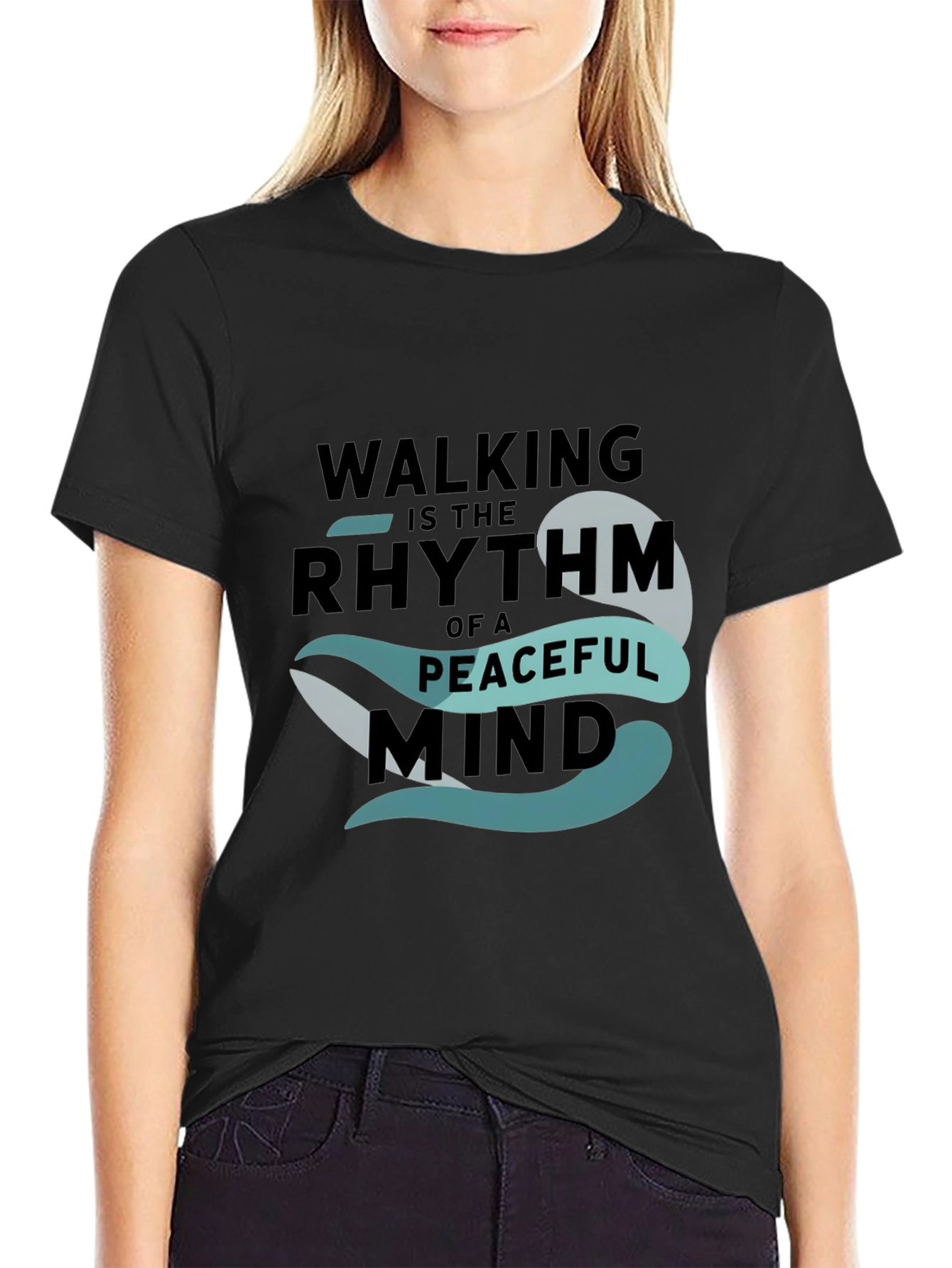 Black Peaceful Mind Walking T-Shirt: Black Graphic Tee view 2