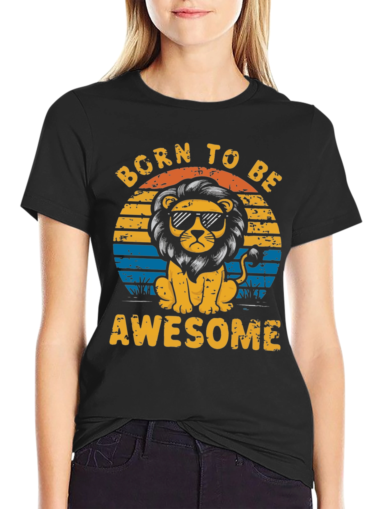 Black Born to Be Awesome Lion Graphic Tee view 2