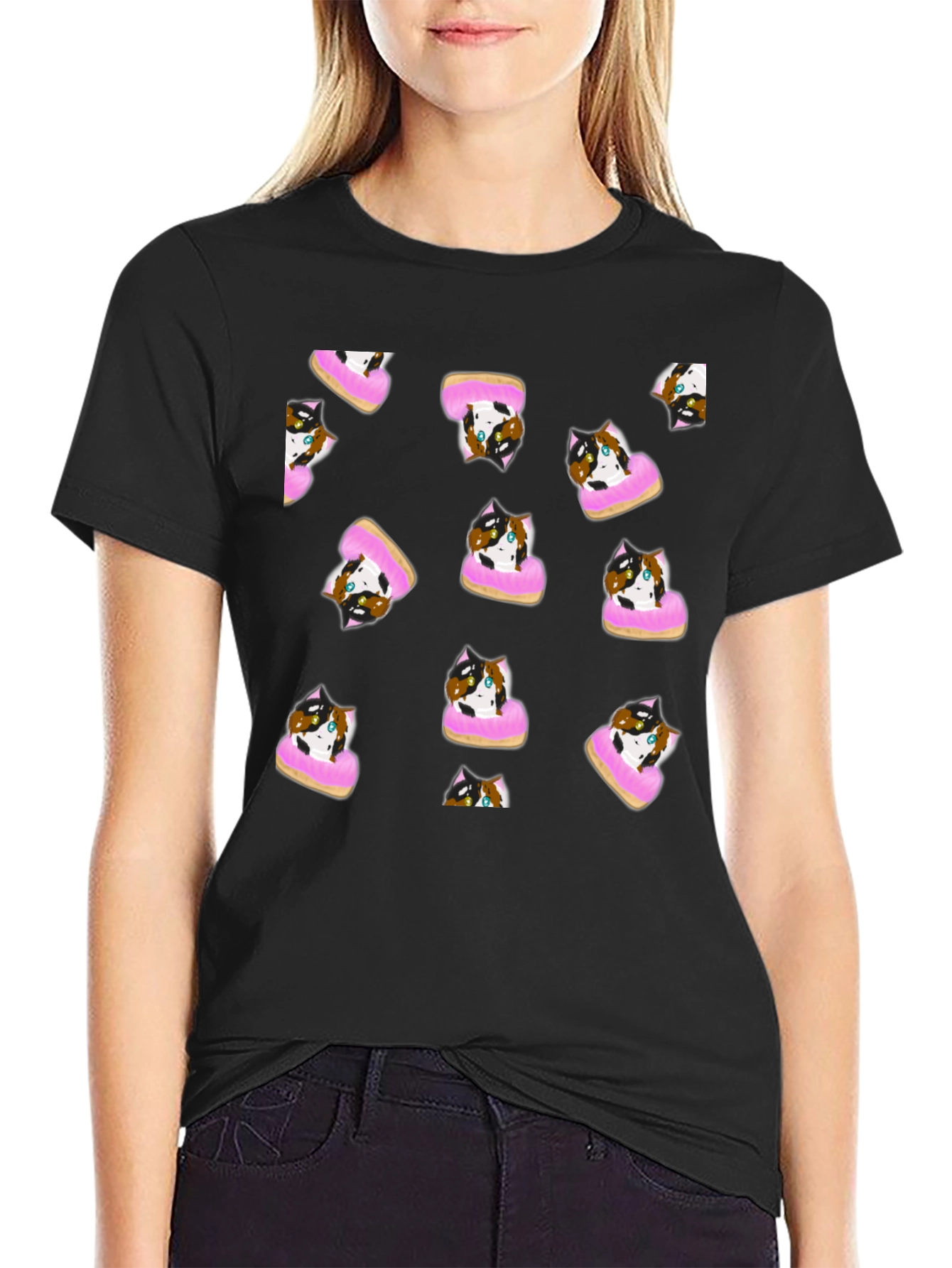 Black Cat Donut Pattern Tee view 2