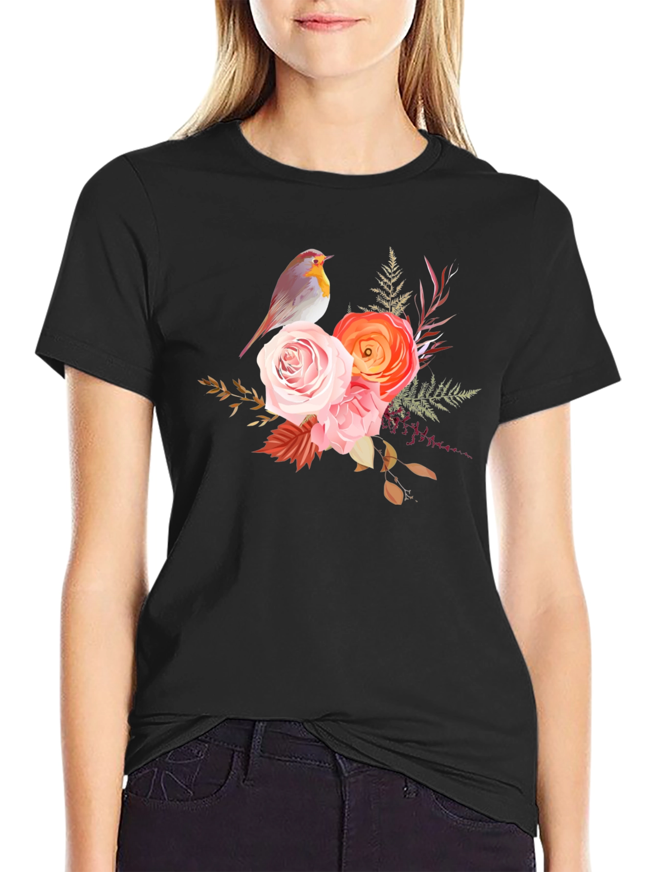 Black Floral Bird Graphic Tee - Soft Black Cotton Casual Wear view 2